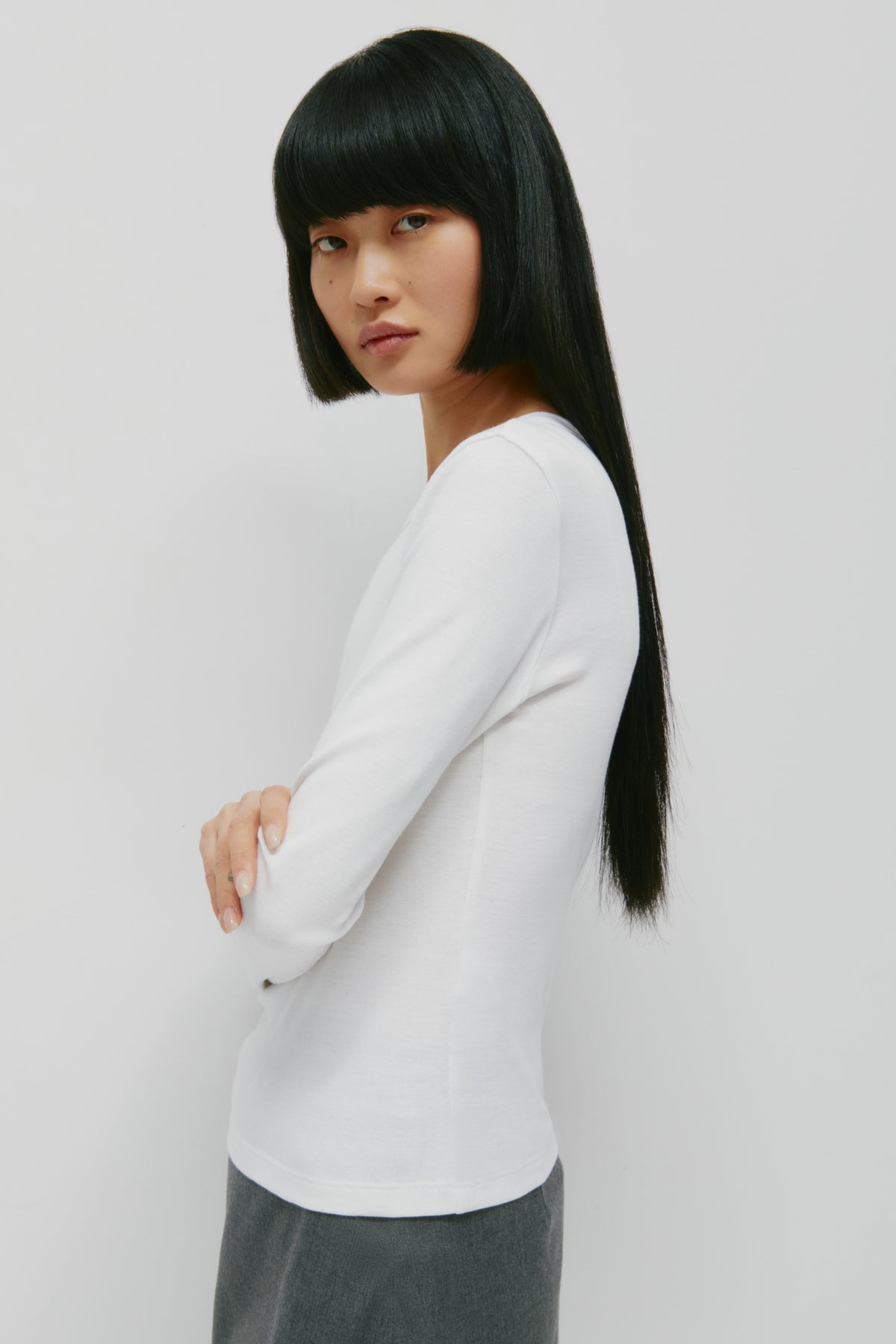 T-shirt à manches longues micro-côtes pour femme en blanc