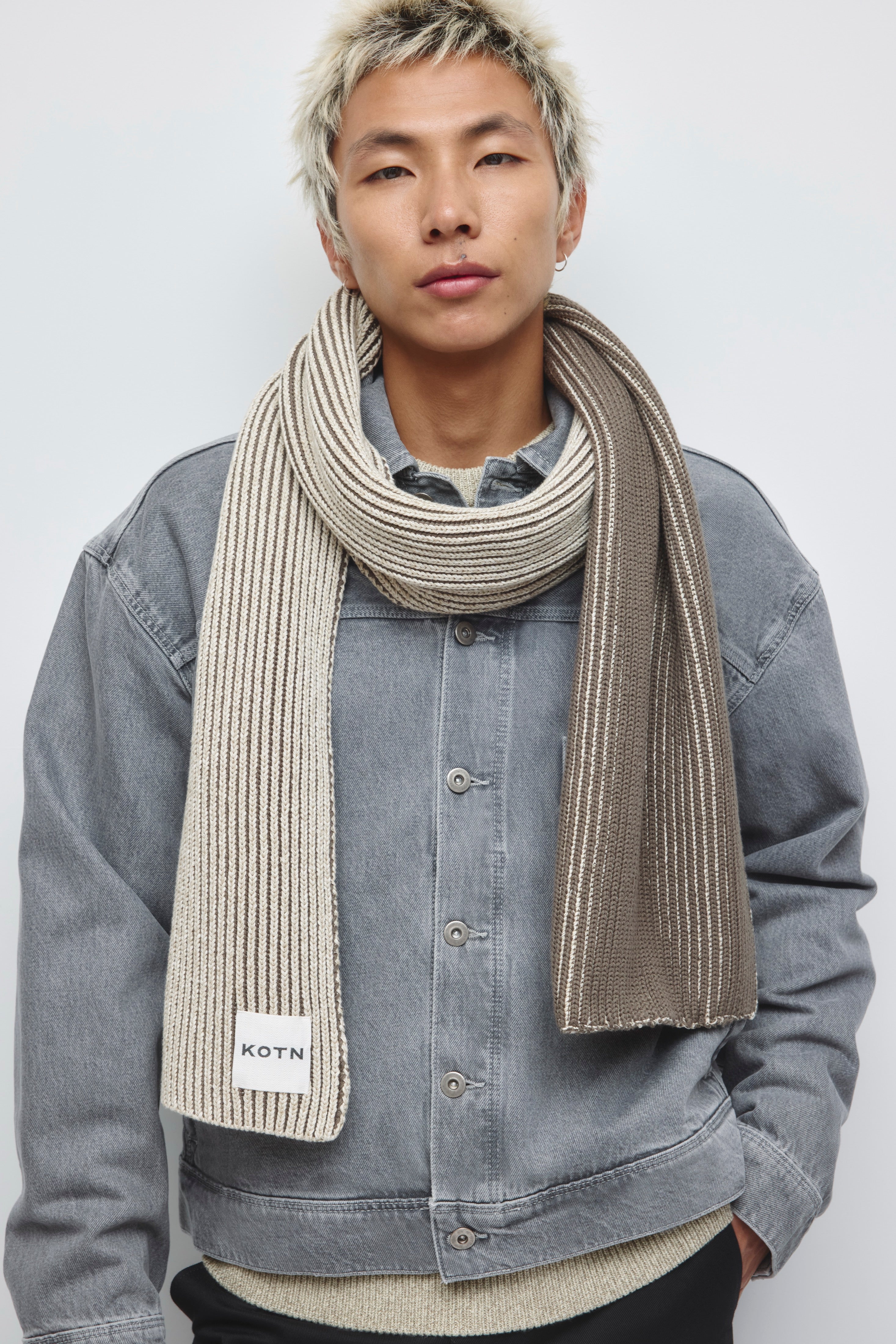 Écharpe en tricot côtelé bicolore en avoine chiné/Taupe foncé
