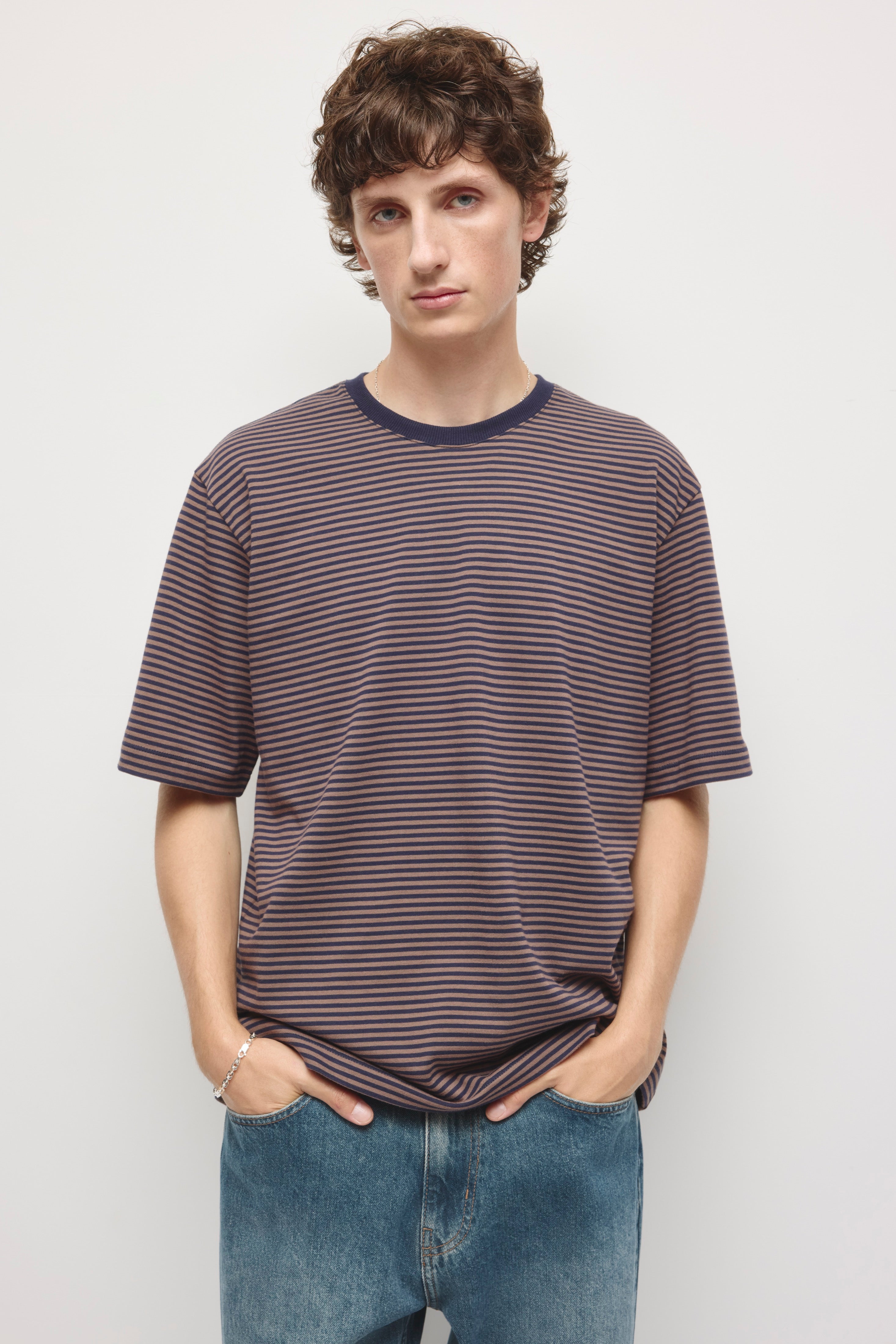 Men's Midweight Crew in Pitch Navy/Bark Stripe