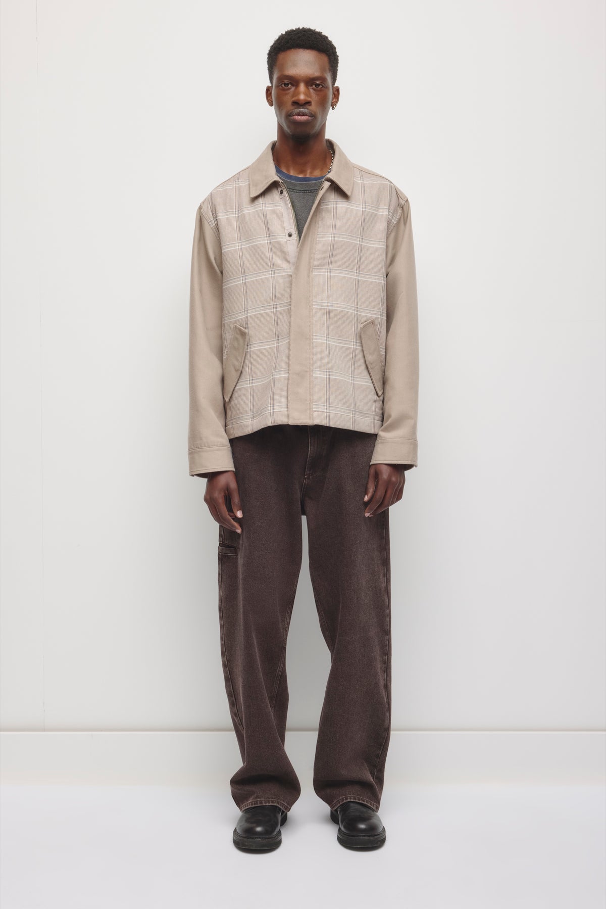Men's Patchwork Varsity Jacket in Teak Plaid