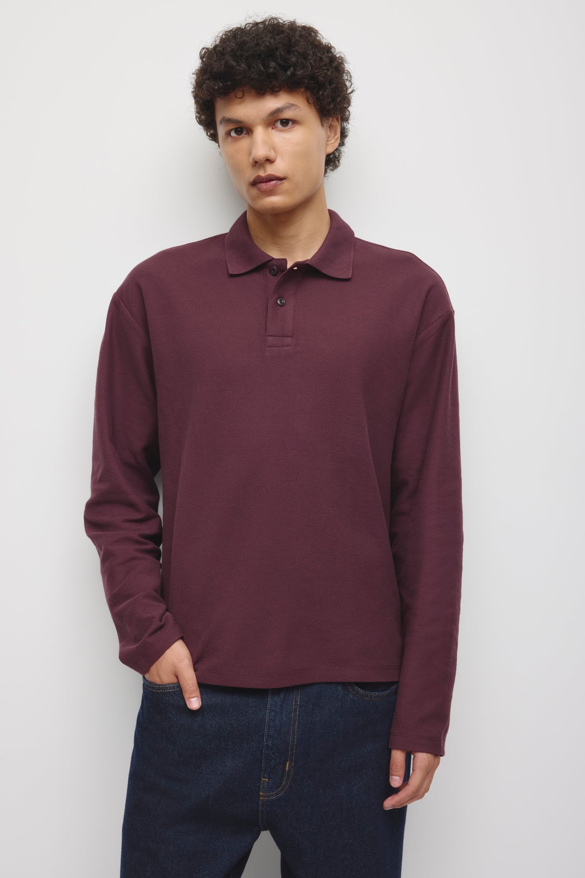 Men's Pique Longsleeve Polo in Chocolate Plum