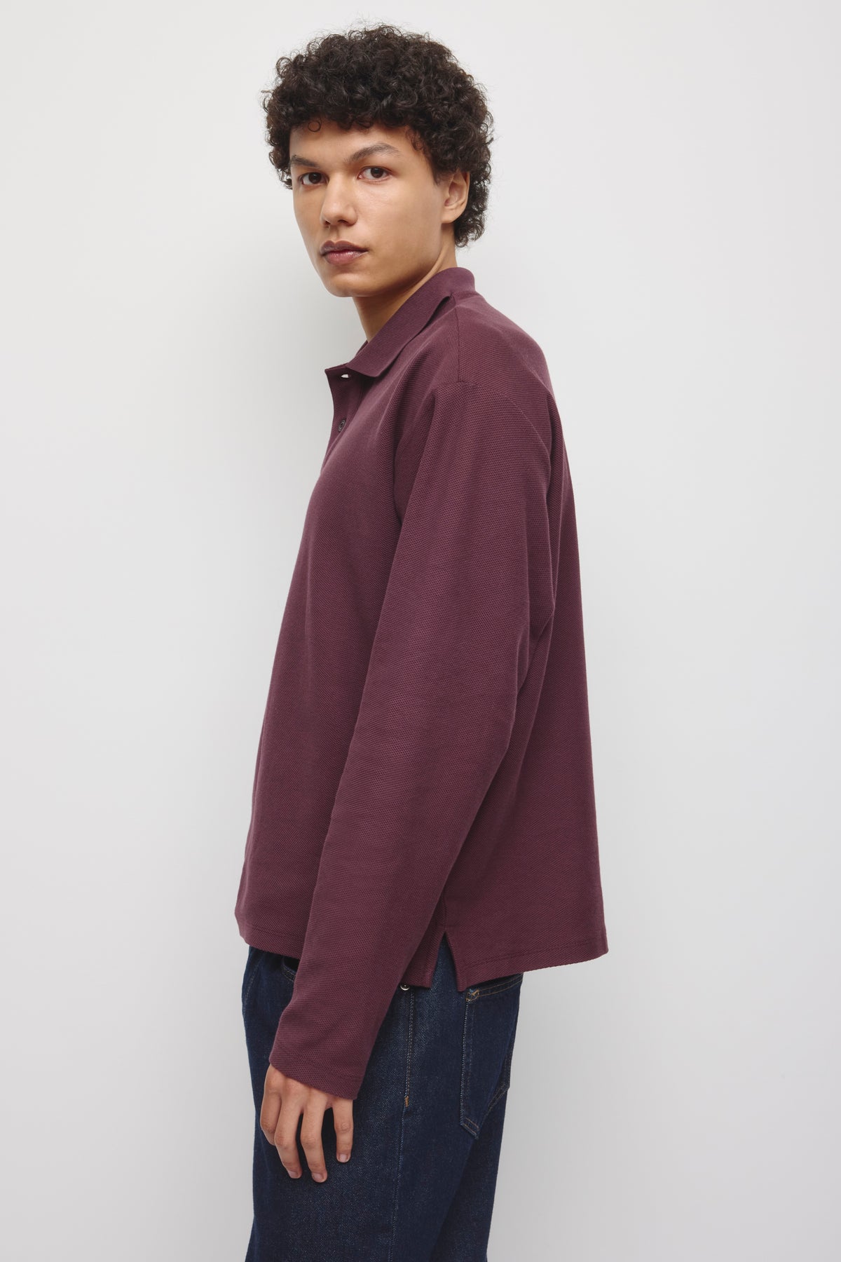 Men's Pique Longsleeve Polo in Chocolate Plum