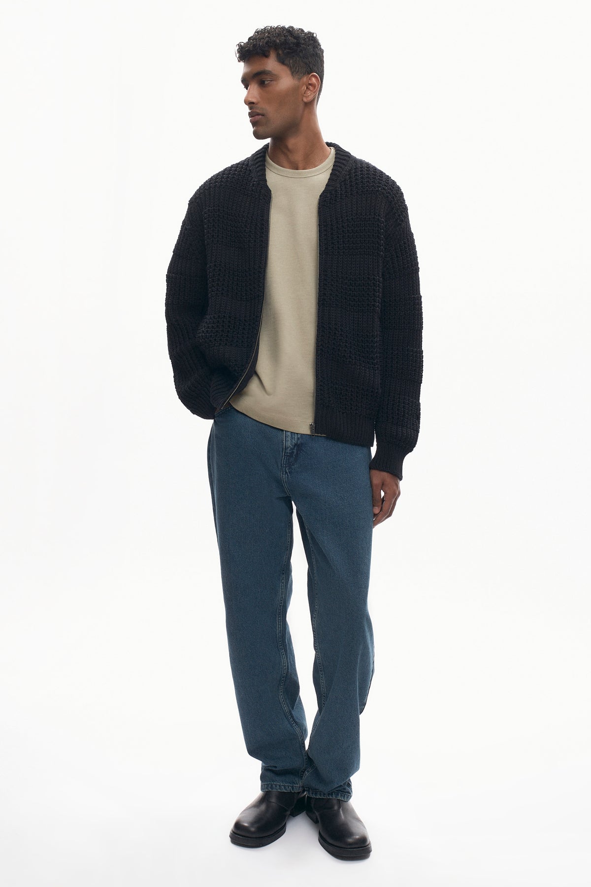 Chandail à glissière en maille quadrillée pour homme en noir
