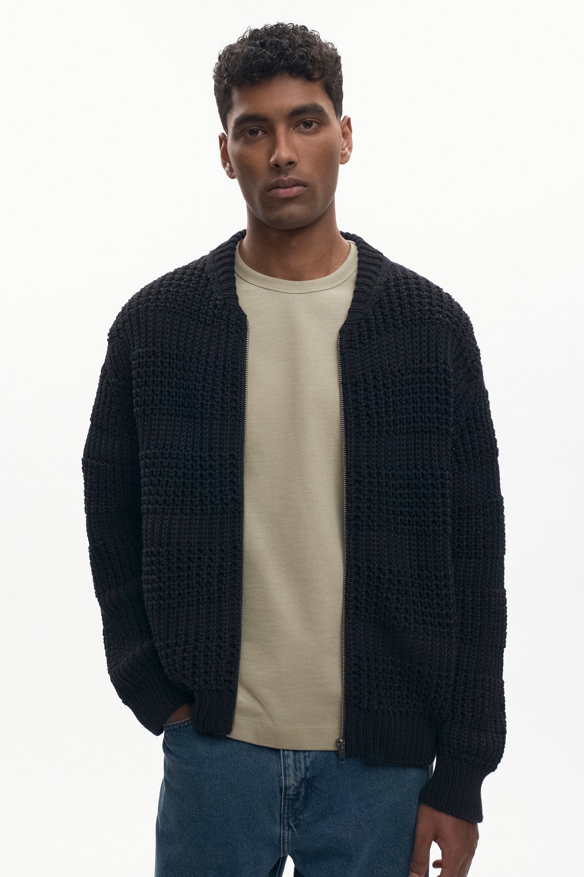 Chandail à glissière en maille quadrillée pour homme en noir