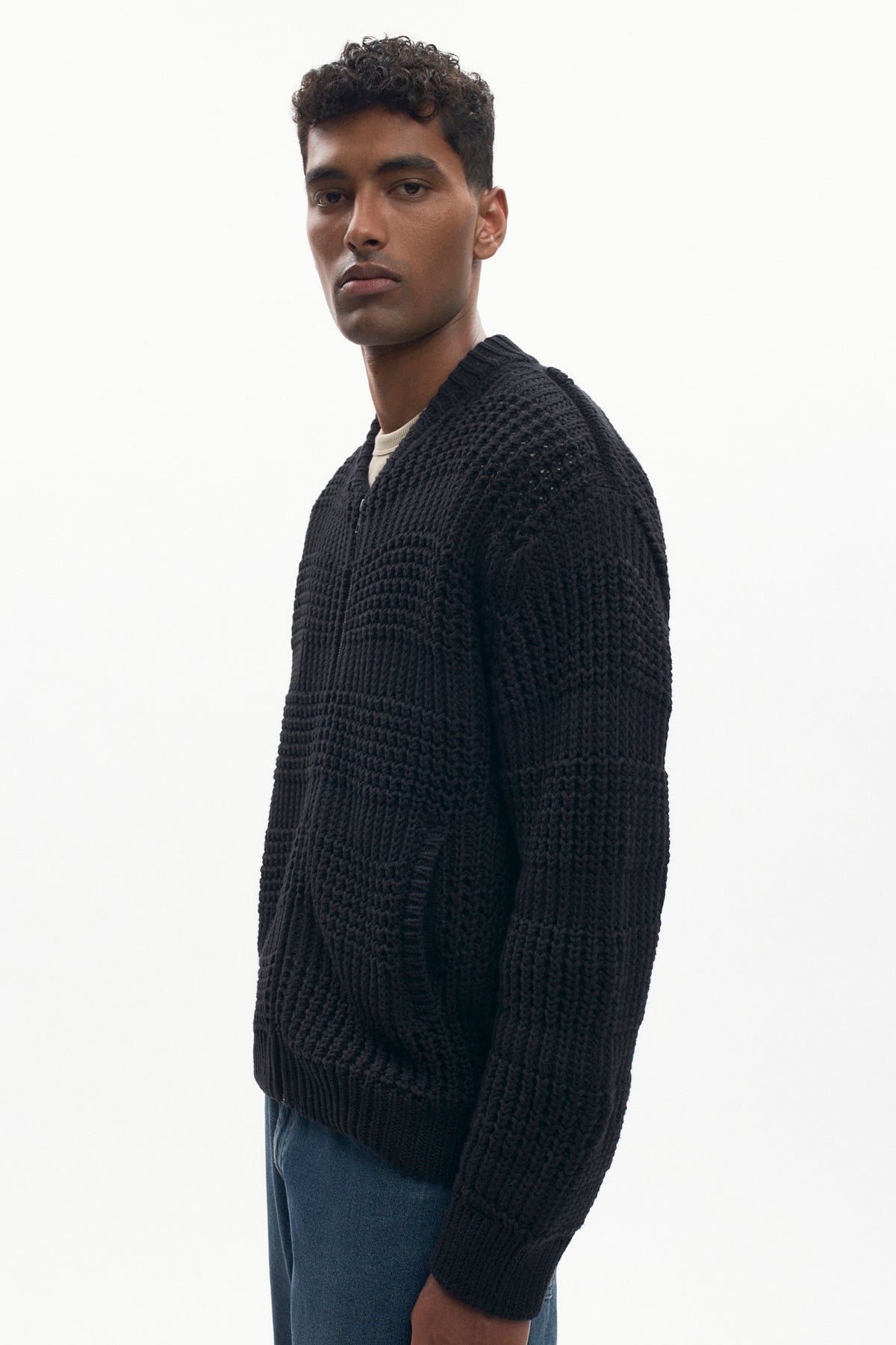 Chandail à glissière en maille quadrillée pour homme en noir