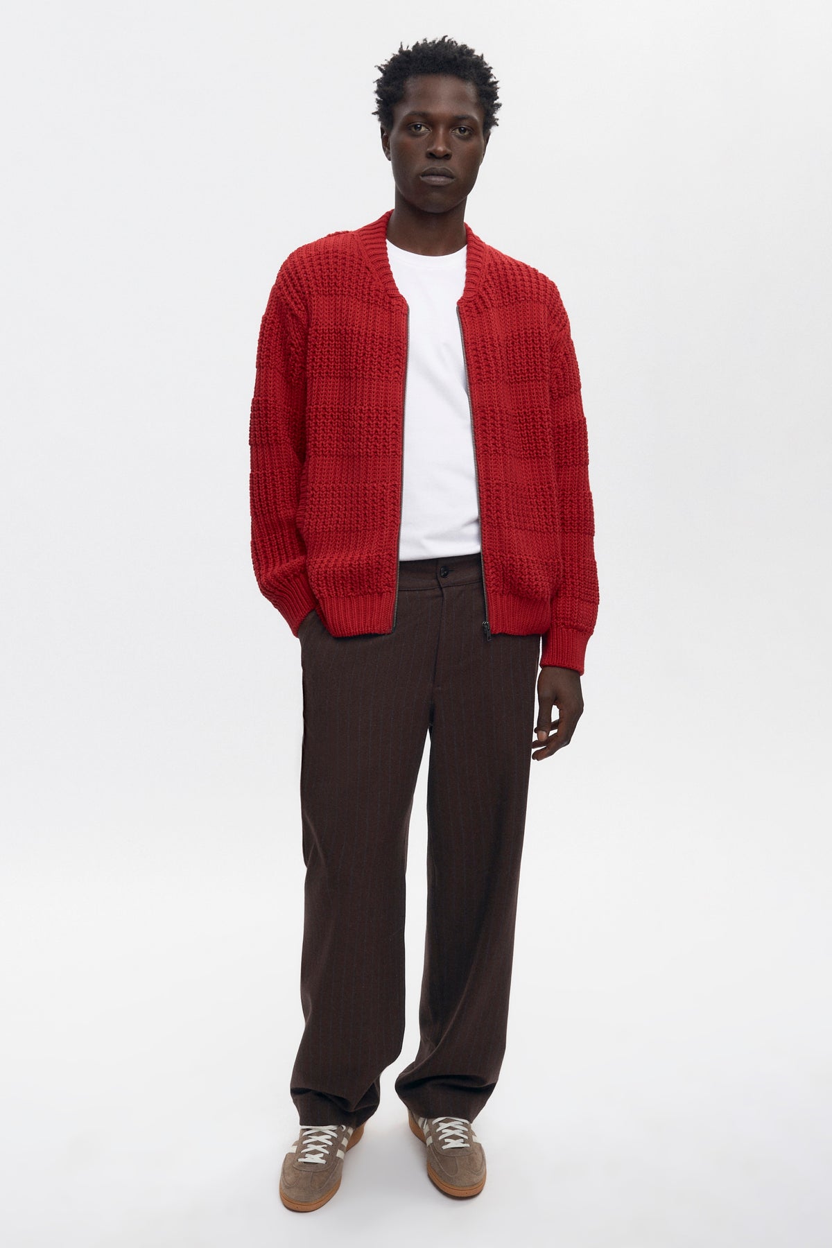 Pull zippé à mailles quadrillées pour homme en rouge Sunstar