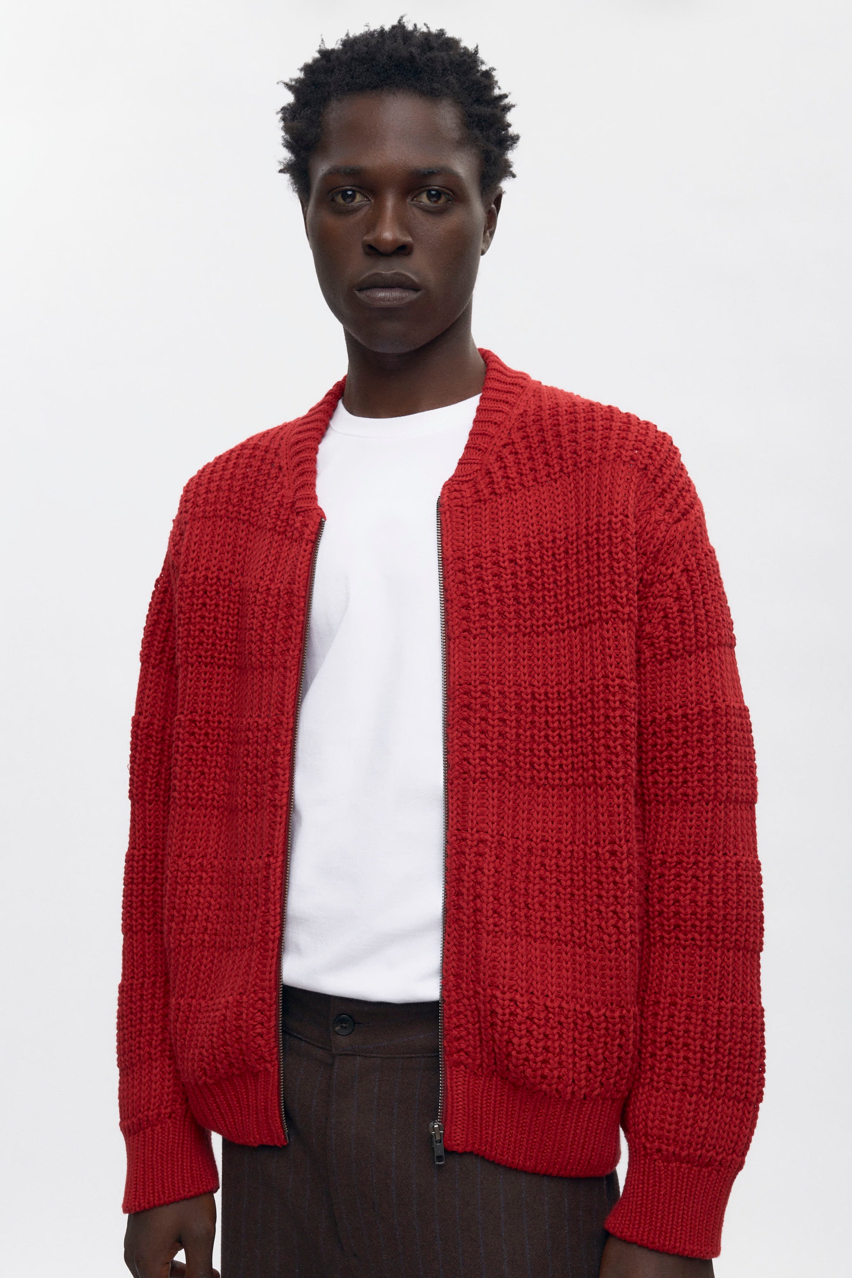 Pull zippé à mailles quadrillées pour homme en rouge Sunstar