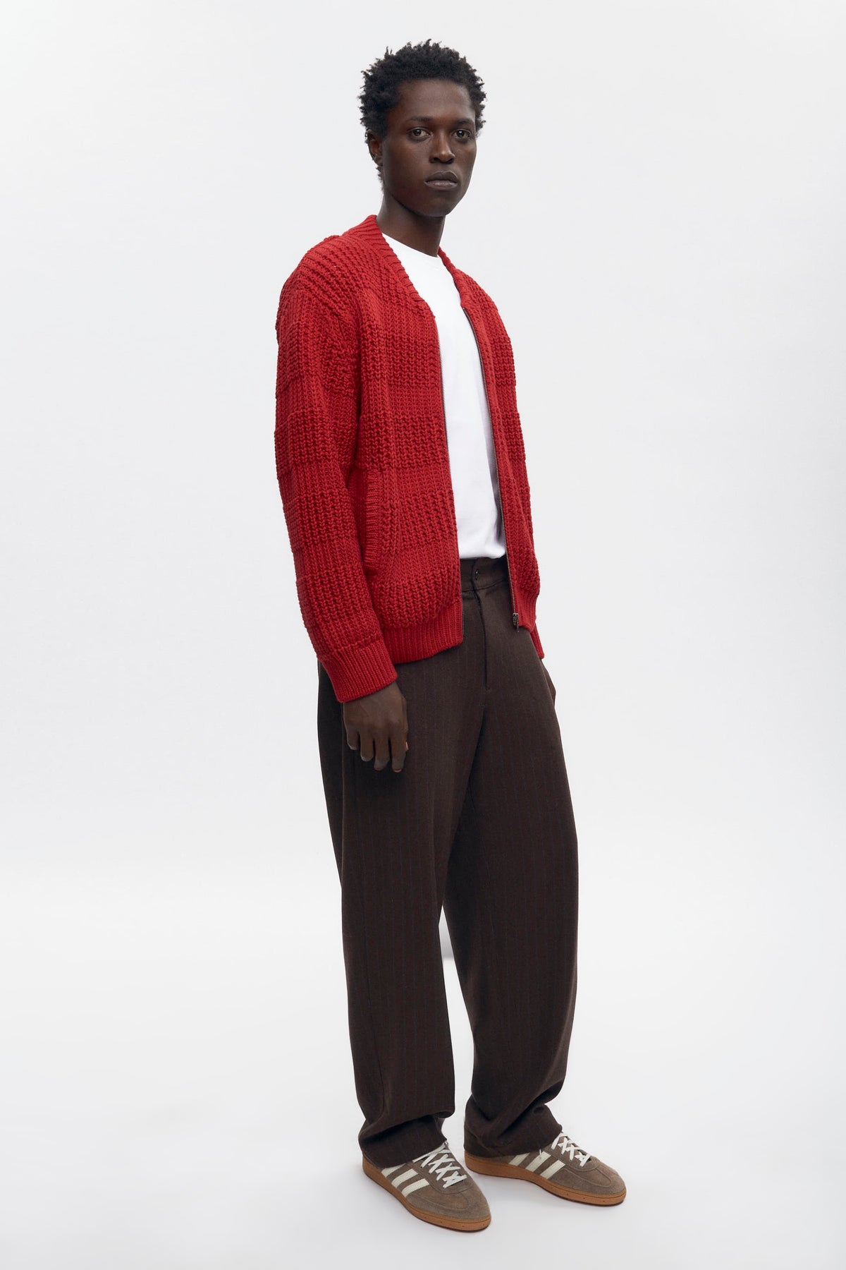 Pull zippé à mailles quadrillées pour homme en rouge Sunstar