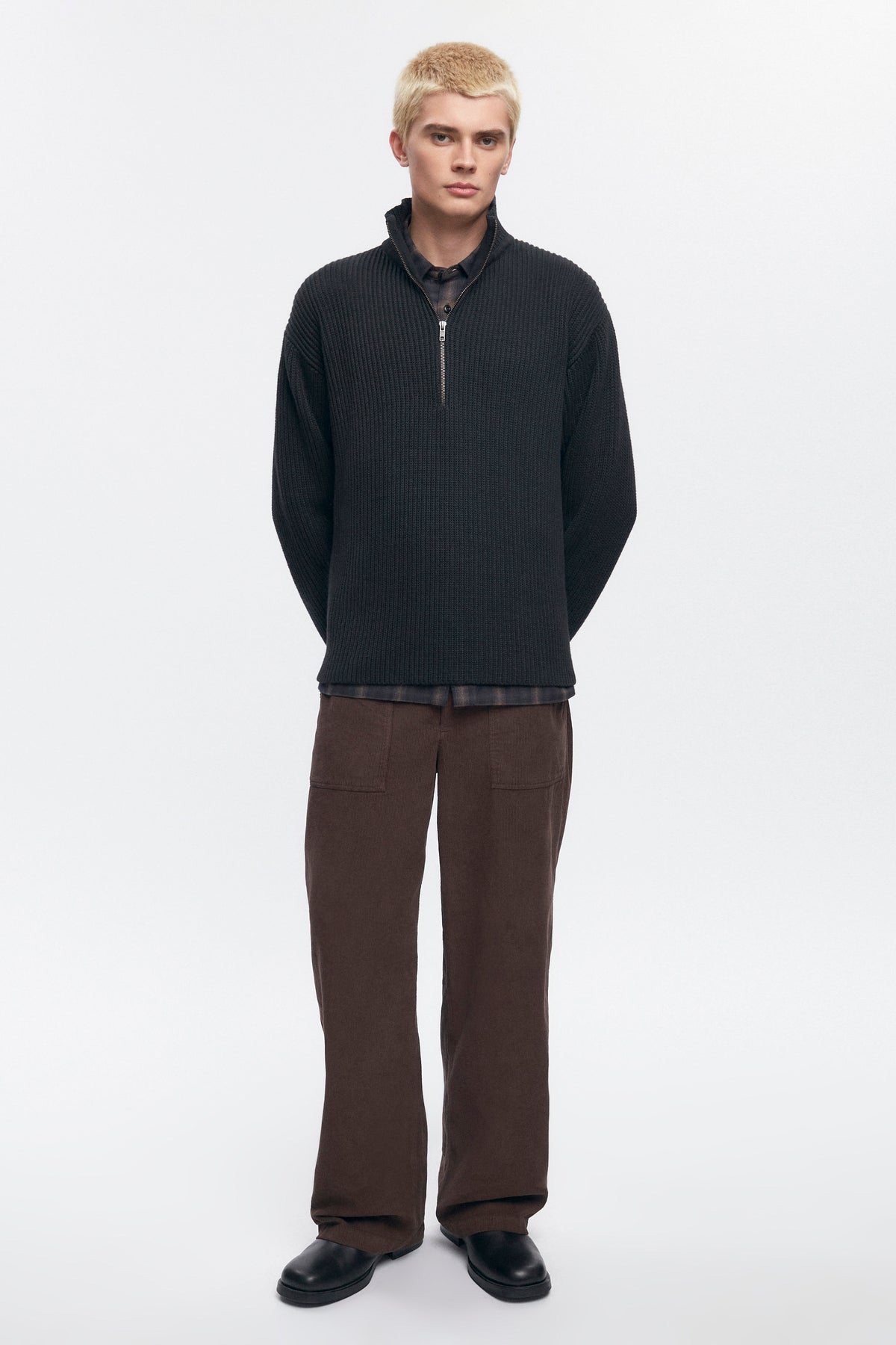Pull à demi-zip côtelé pour homme en noir