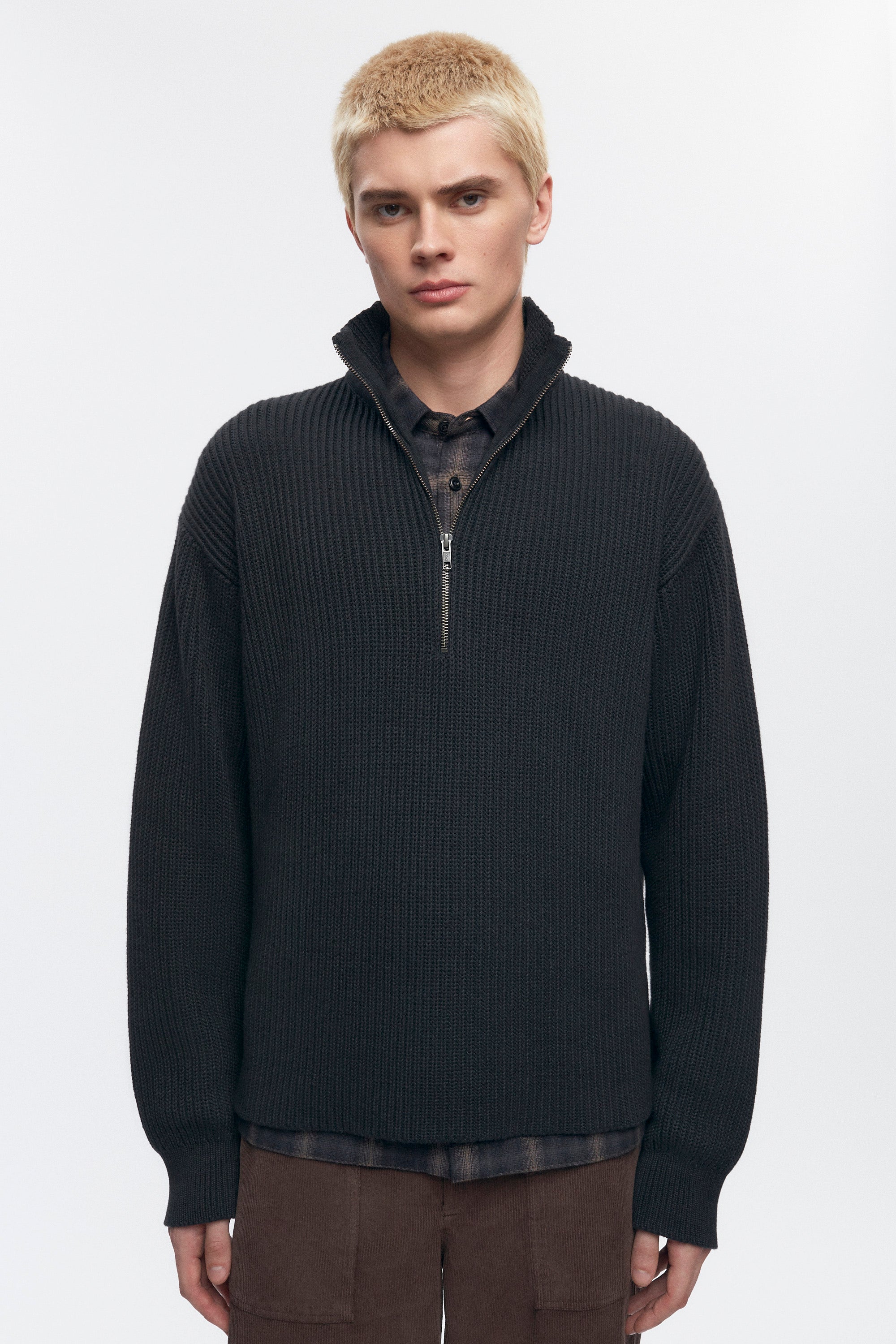 Pull à demi-zip côtelé pour homme en noir