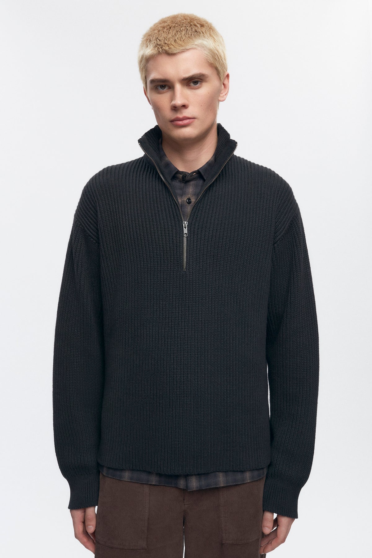 Pull à demi-zip côtelé pour homme en noir