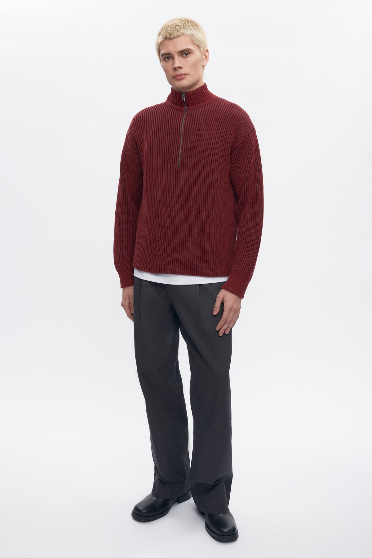 Pull à demi-zip côtelé pour homme en coffee Bean/Burgundy