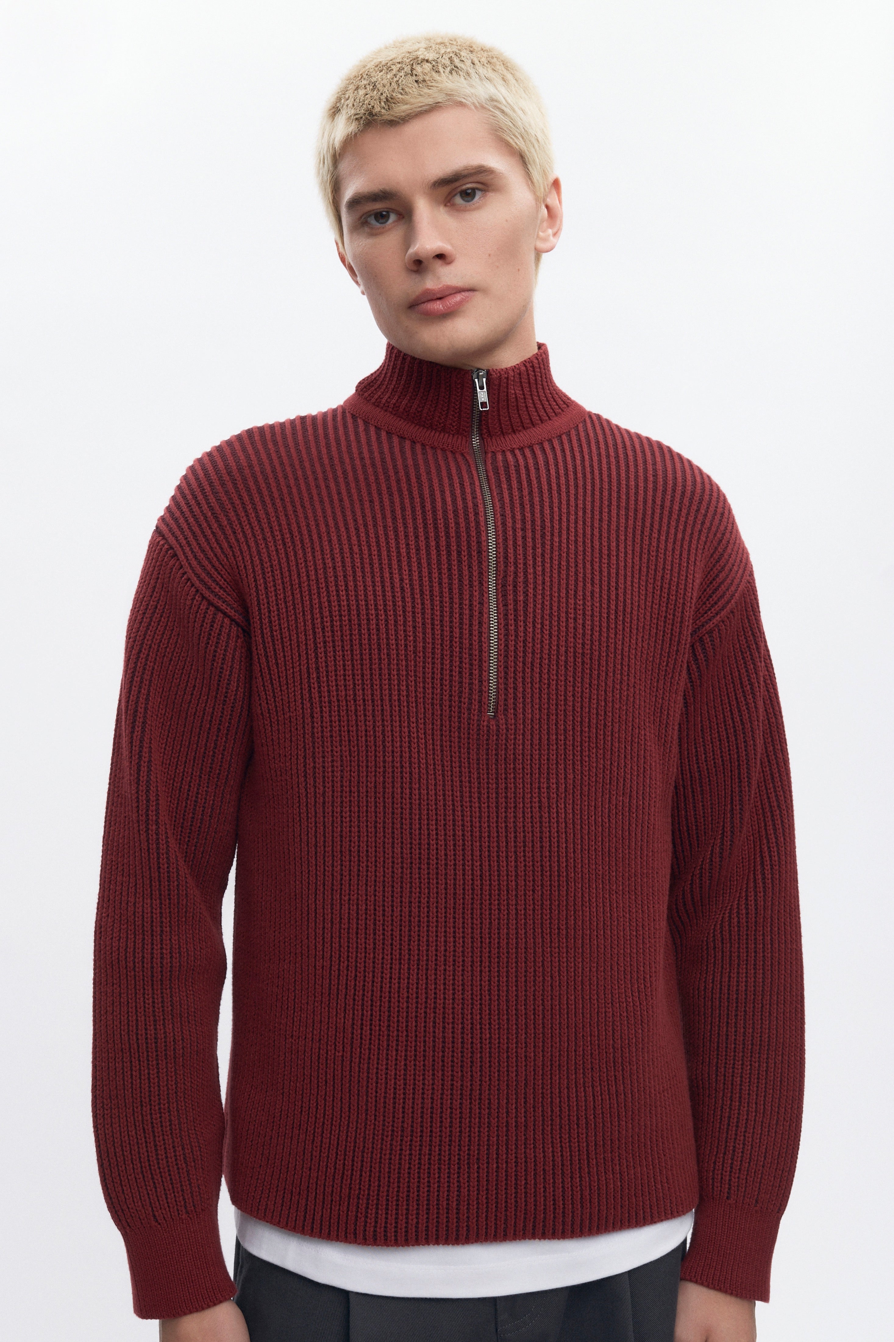 Pull à demi-zip côtelé pour homme en coffee Bean/Burgundy
