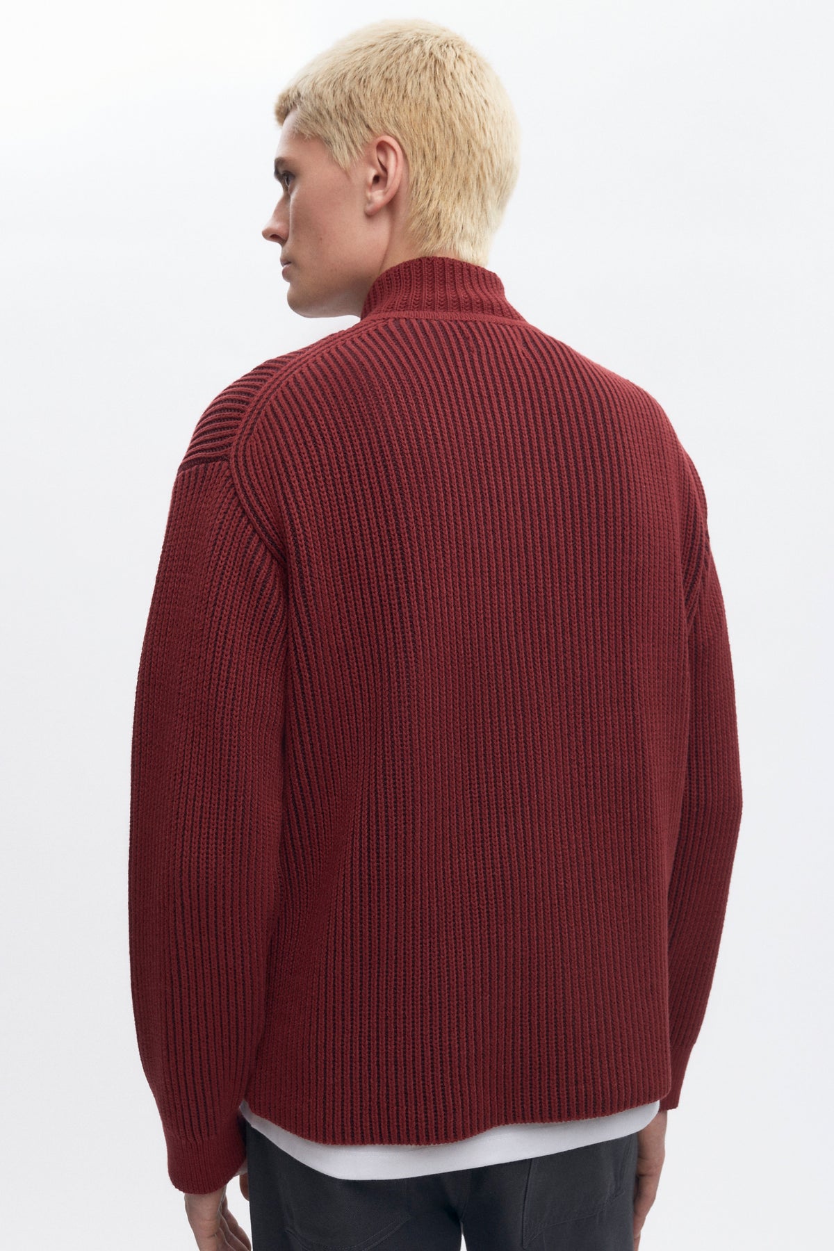 Pull à demi-zip côtelé pour homme en coffee Bean/Burgundy
