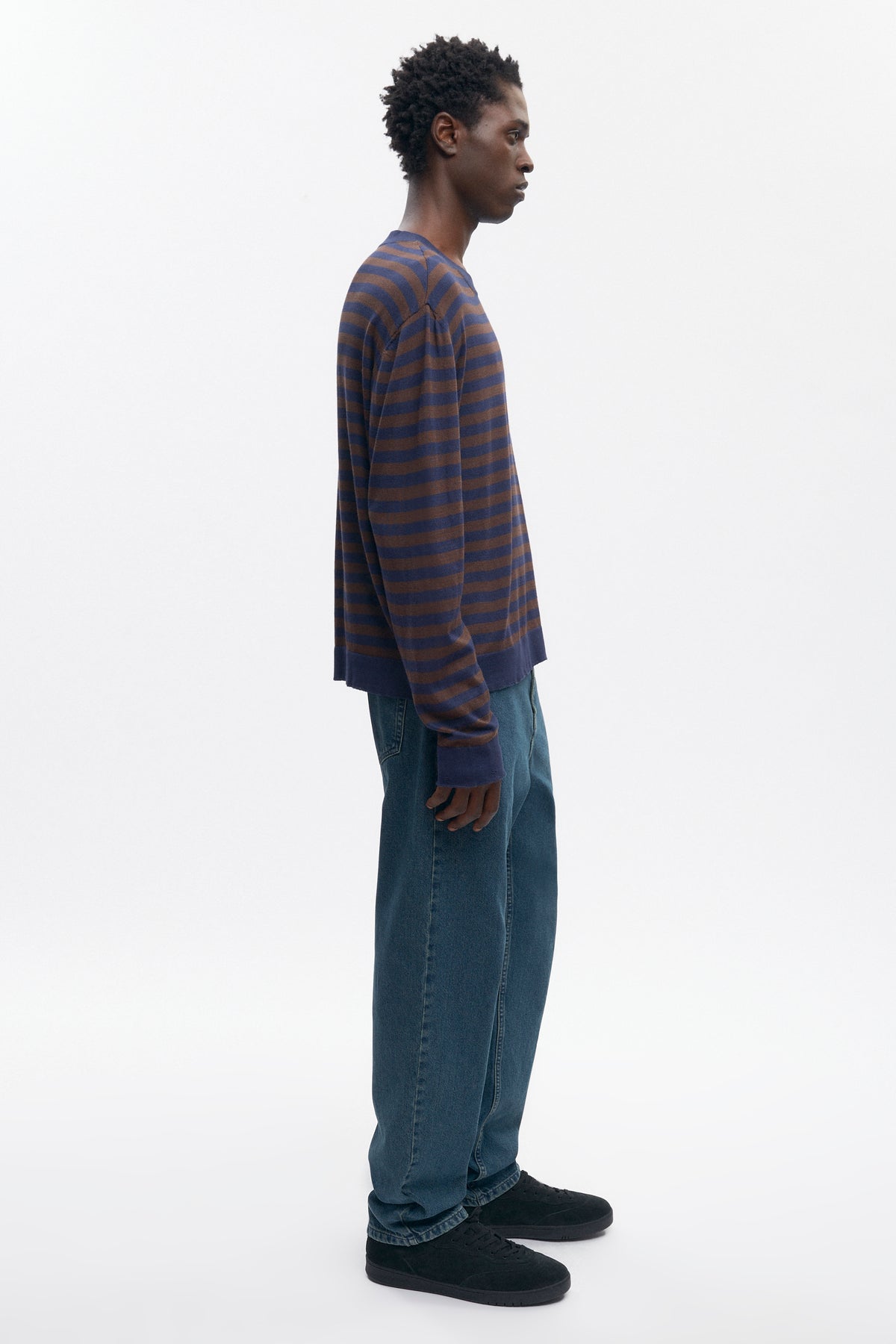 Pull à col rond léger pour homme en coffee Bean/Midnight Stripe