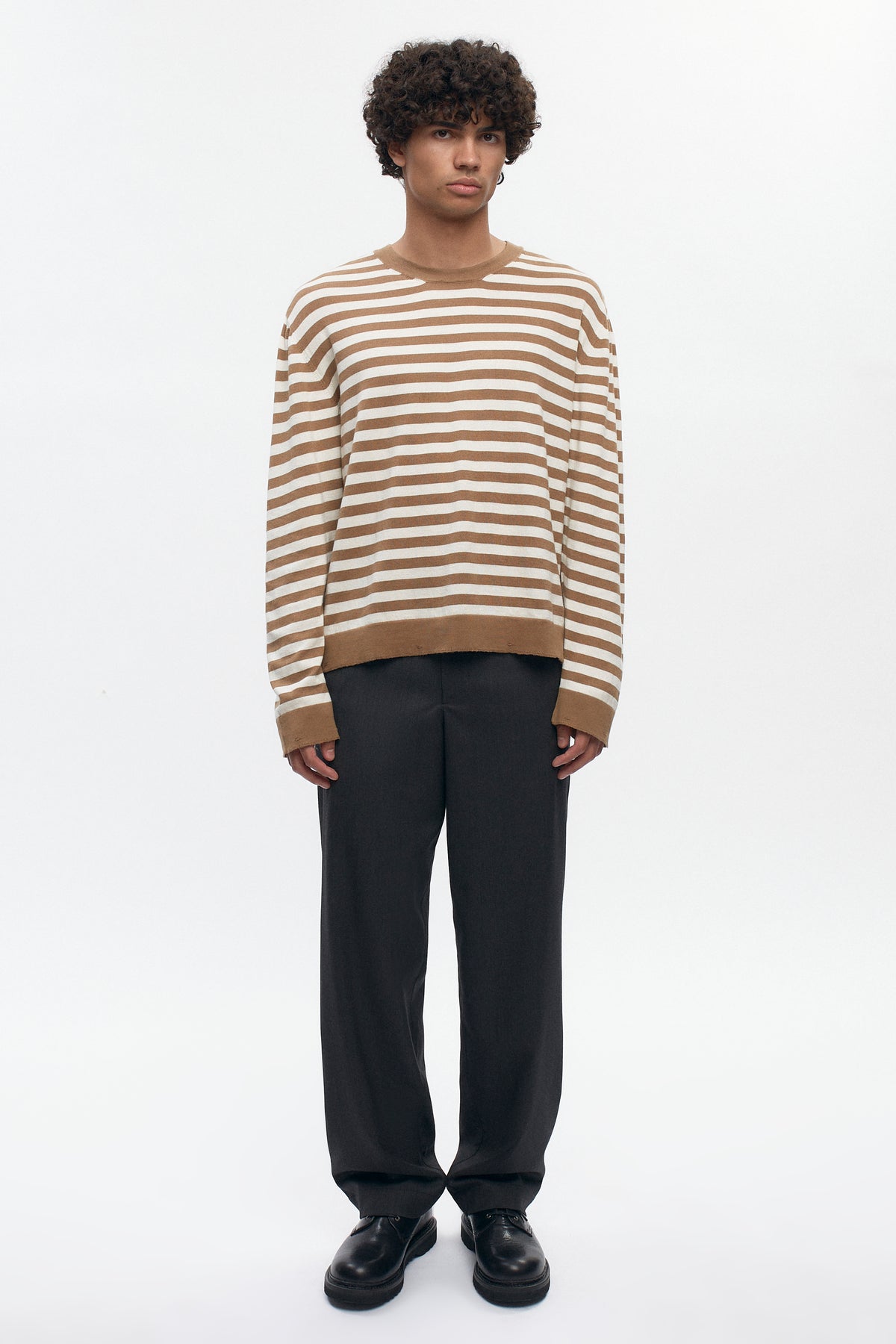 Men's Lightweight Crewneck Sweater in Otter/Marshmallow Stripe