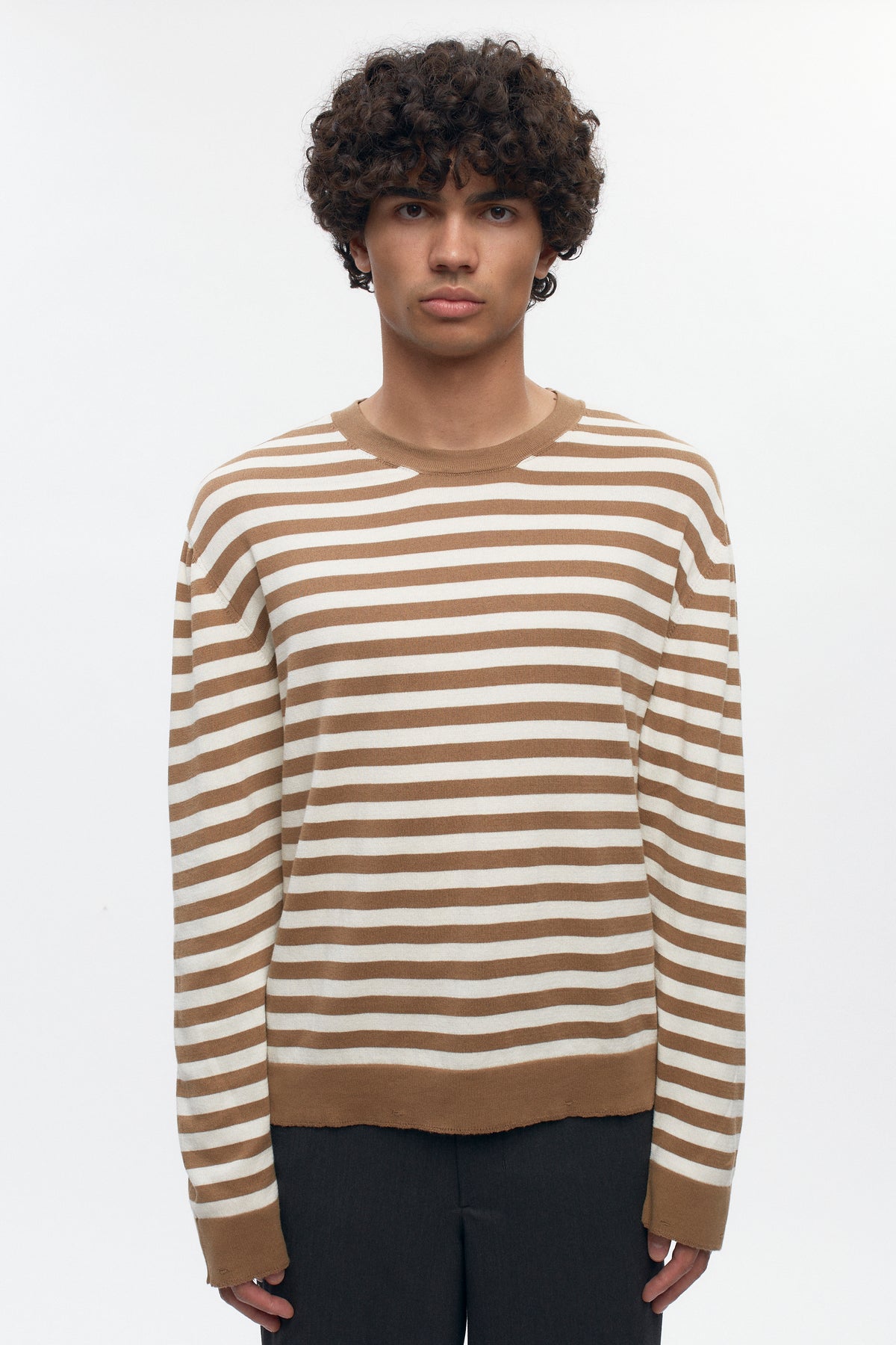 Men's Lightweight Crewneck Sweater in Otter/Marshmallow Stripe