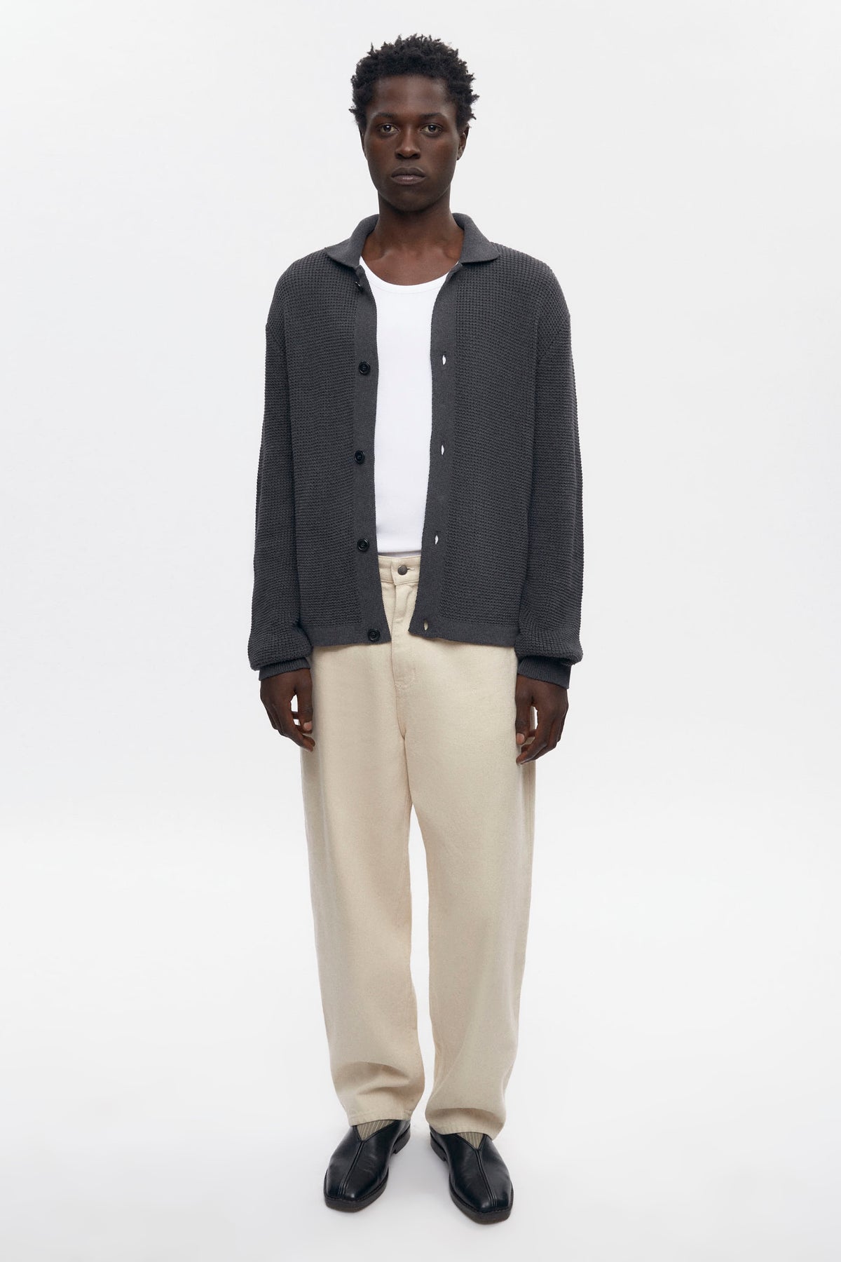 Men's Open Knit Shirt in Charcoal Melange
