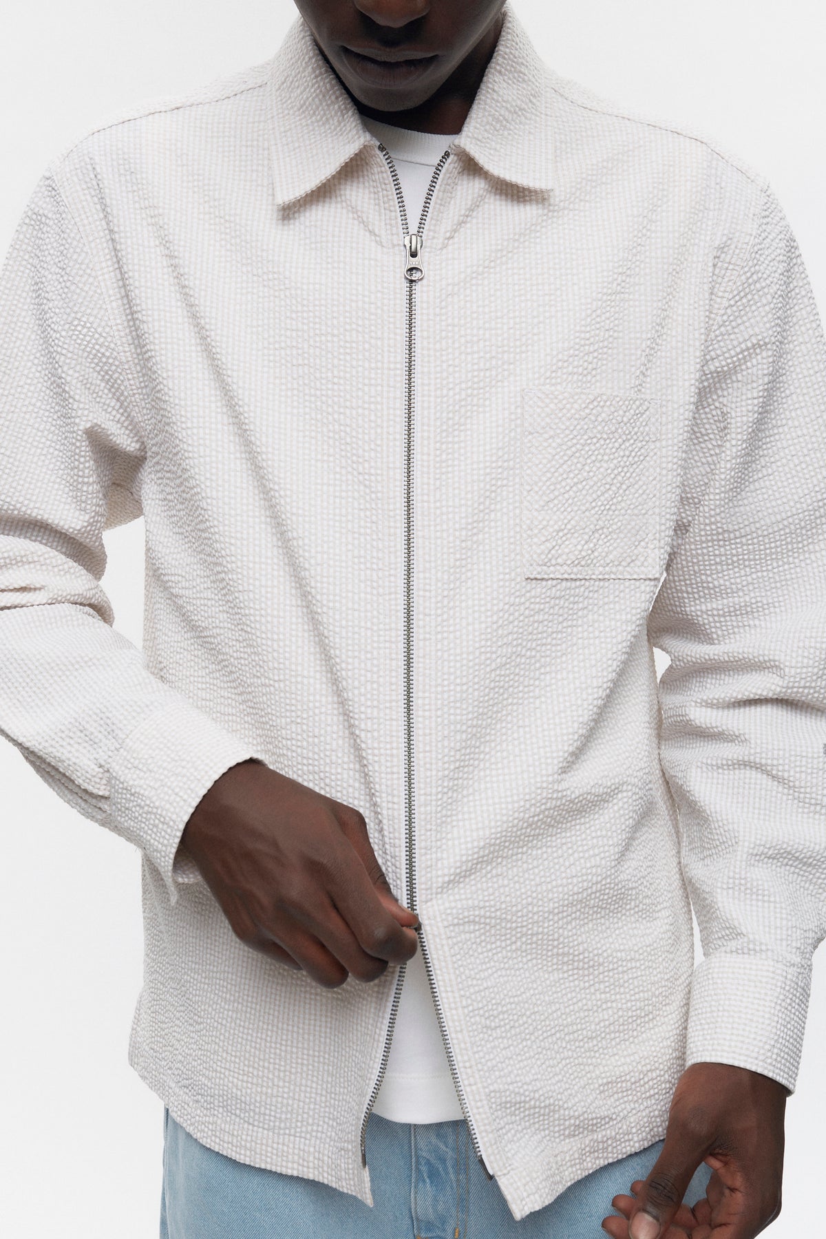 Chemise zippée Seersucker pour hommes en fog/White