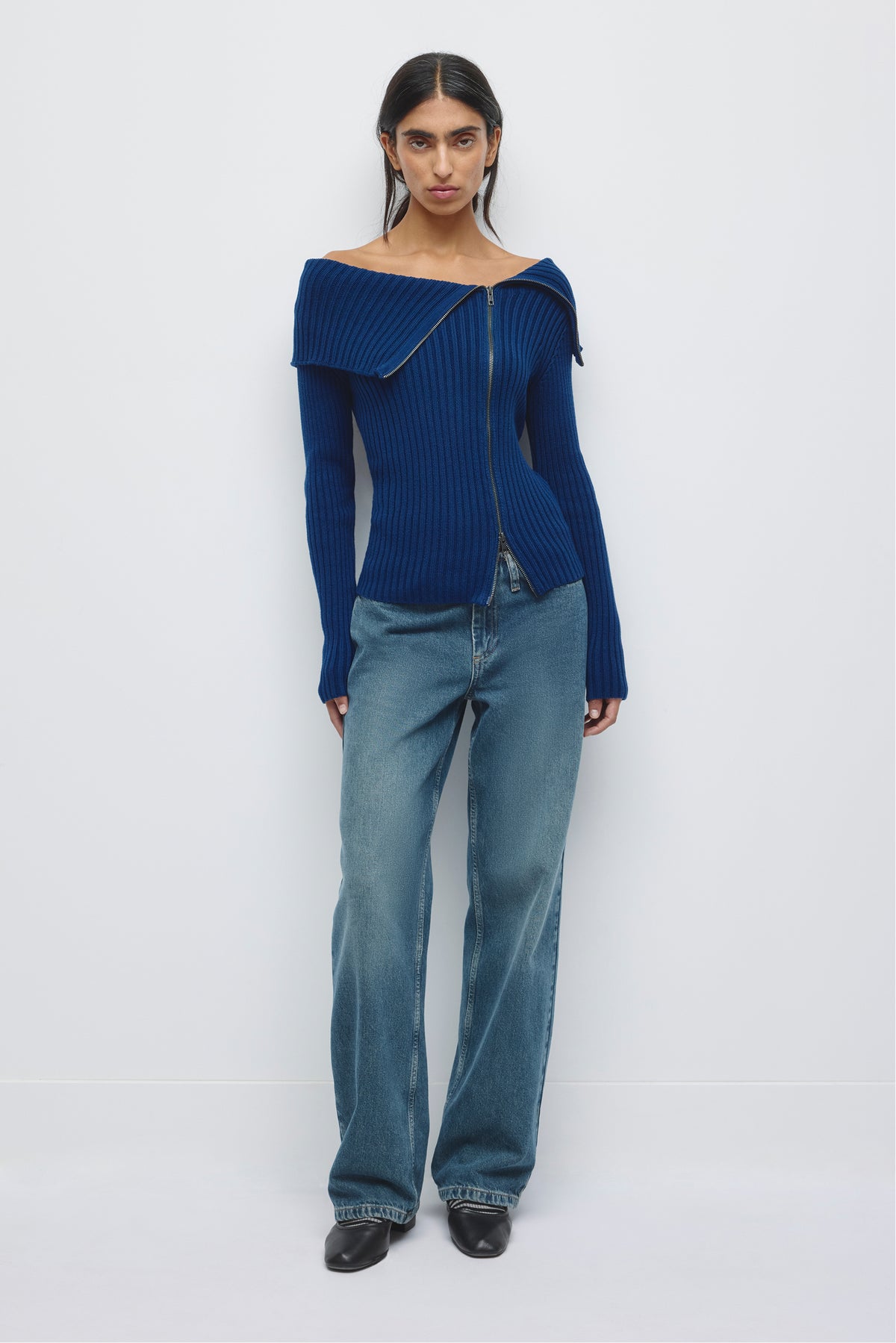 Pull Asymétrique à Col Rabattu Femme en bleu Pacifique