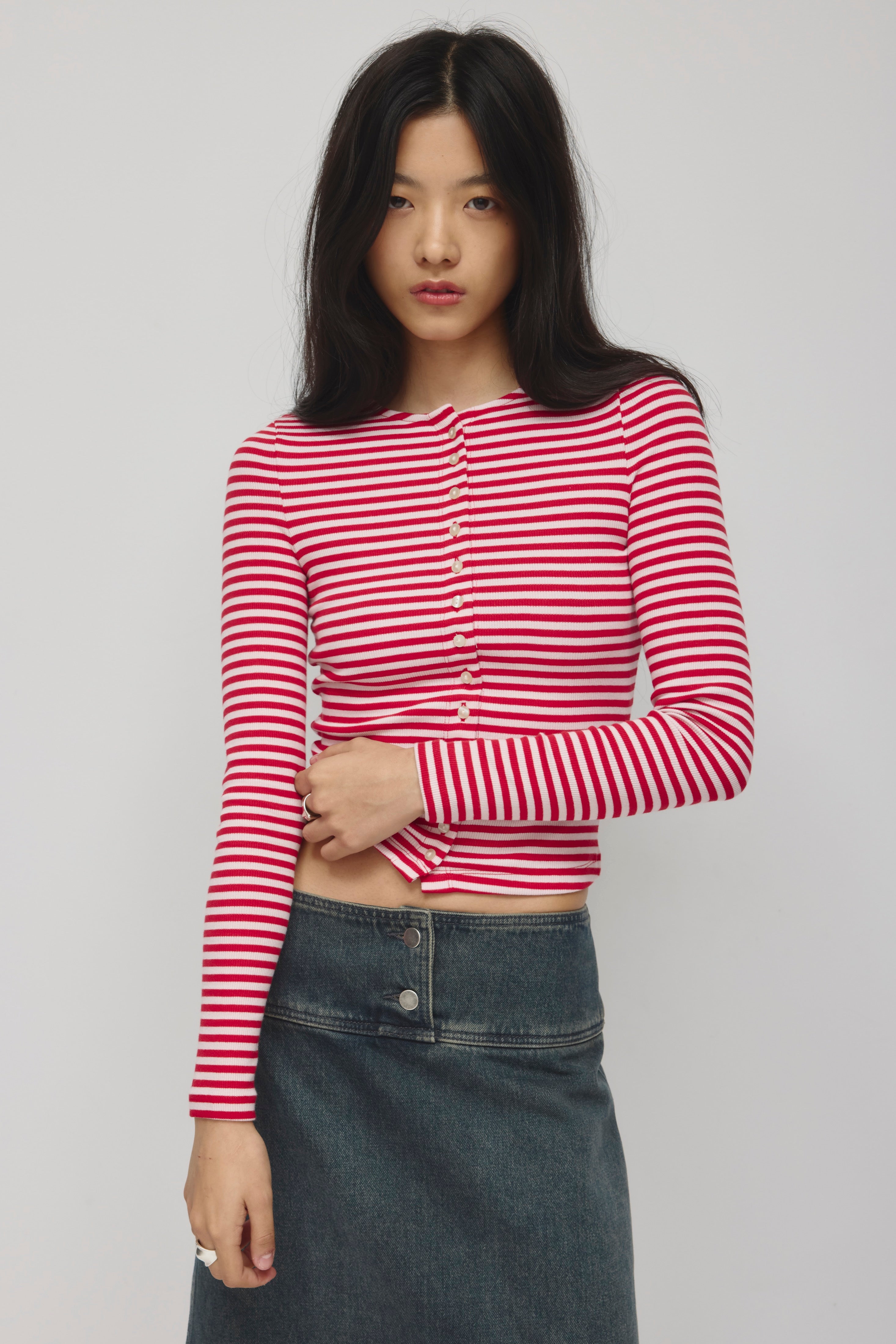 Women's Crew Neck Cardigan in Pink Frost/Salsa Stripe