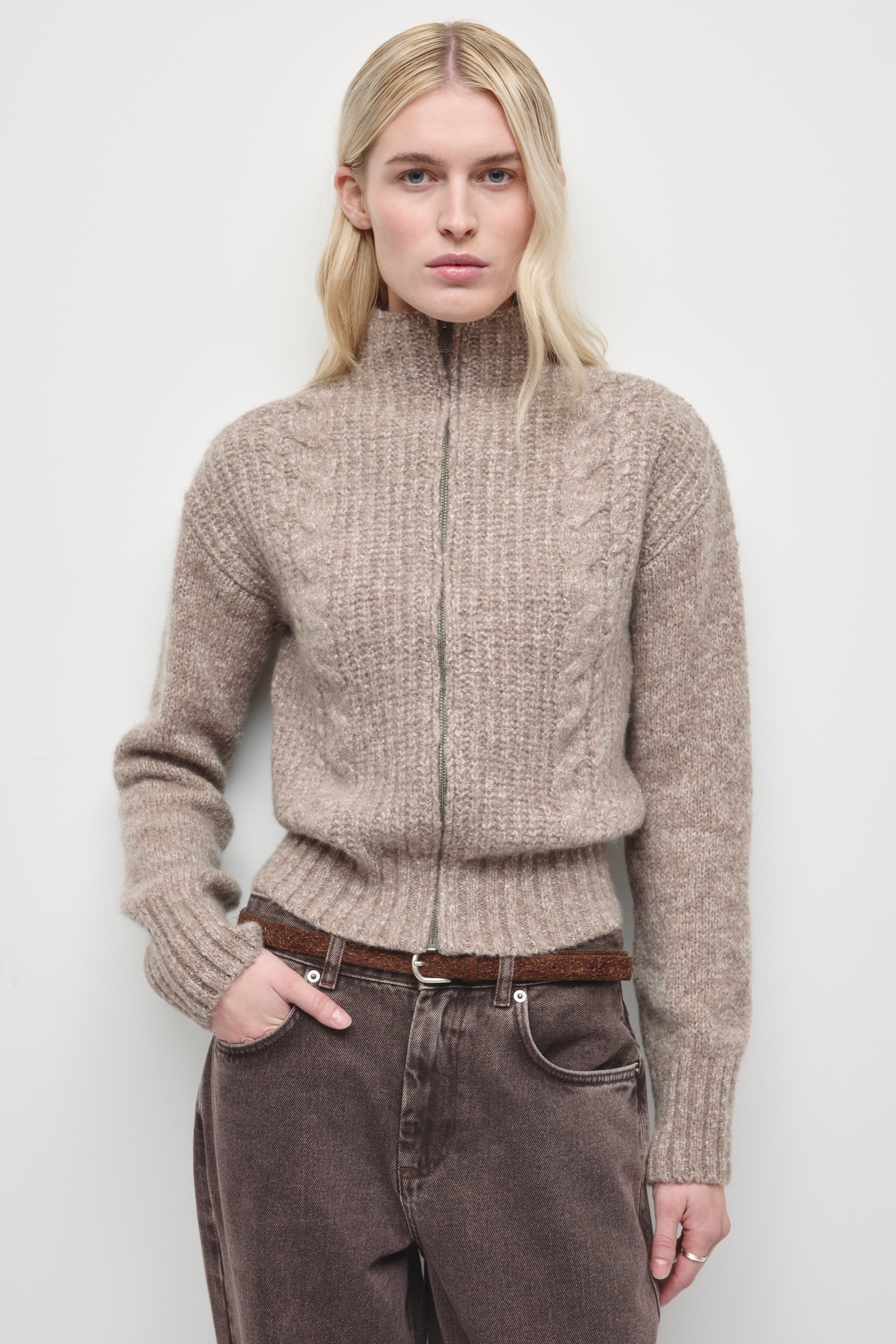 Women's Dima Full Zip Sweater in Light Taupe Mix