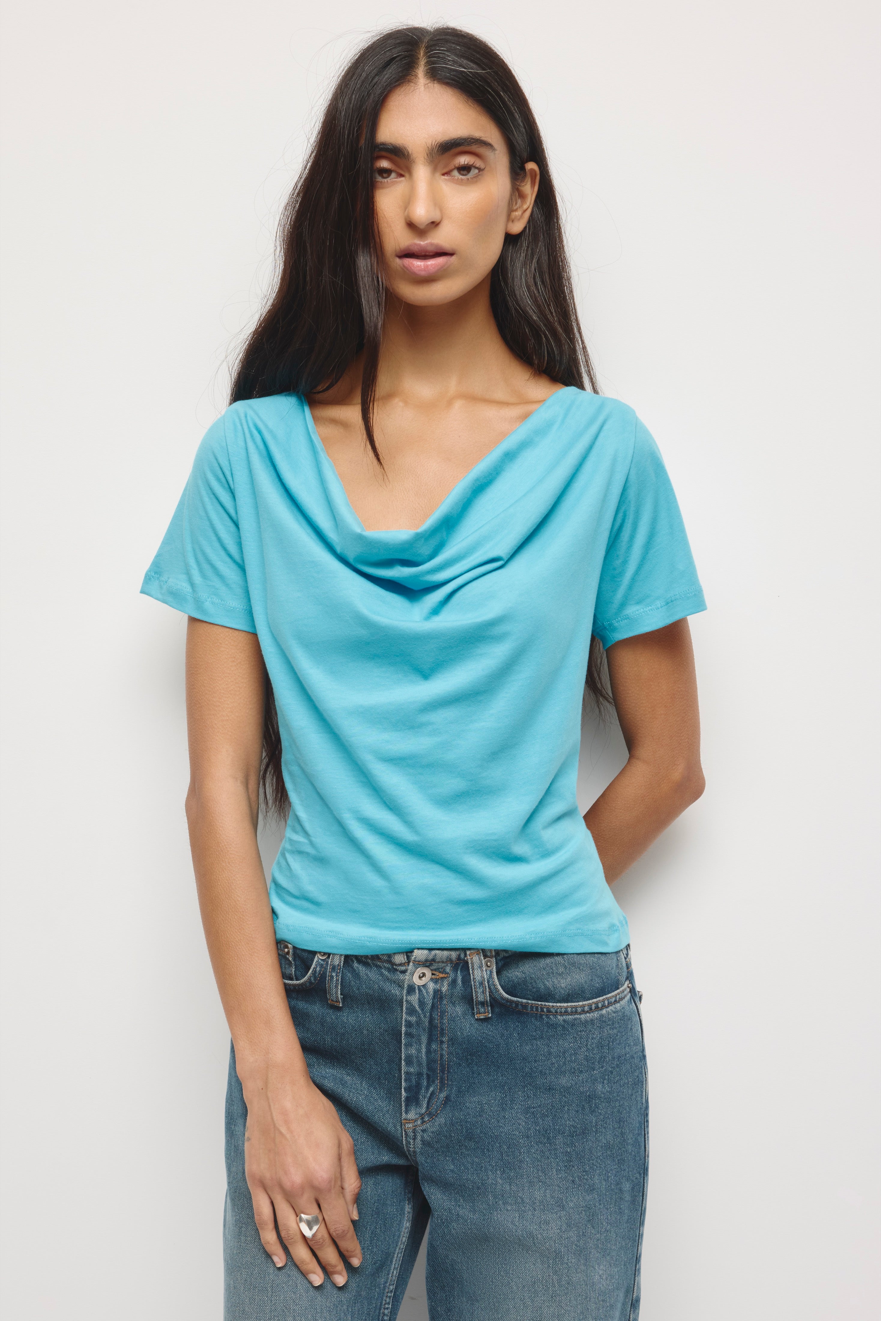 Women's Lina Cowl Neck Tee in Cerulean