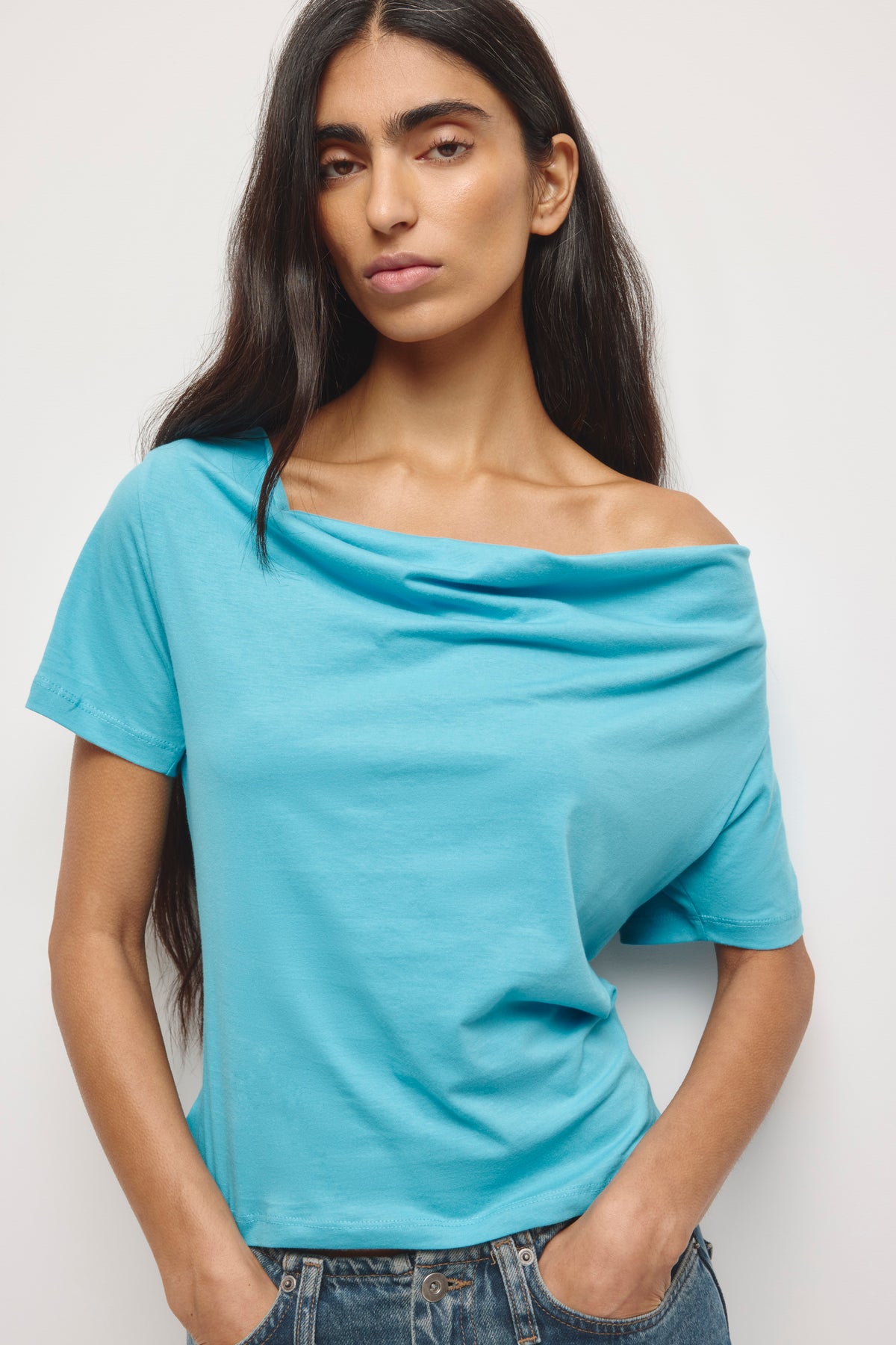 Women's Lina Cowl Neck Tee in Cerulean
