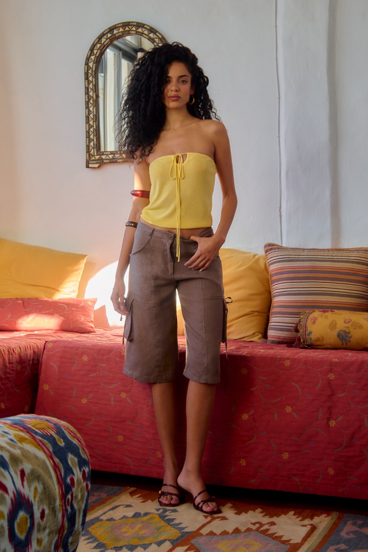 Short à nouer en lin Sila pour femme en écorce