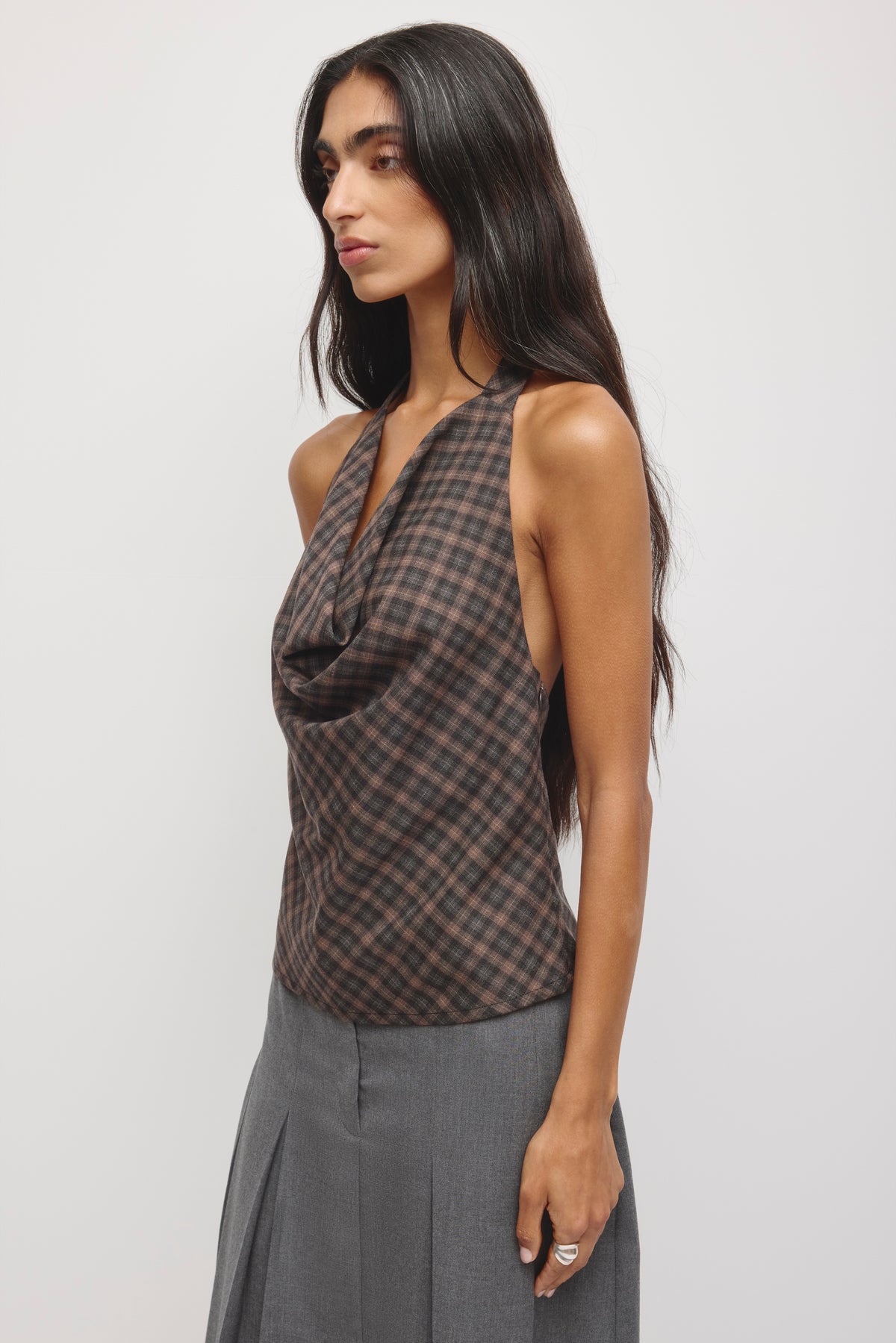 Women's Maryam Halter Top in Charcoal/Taupe Check