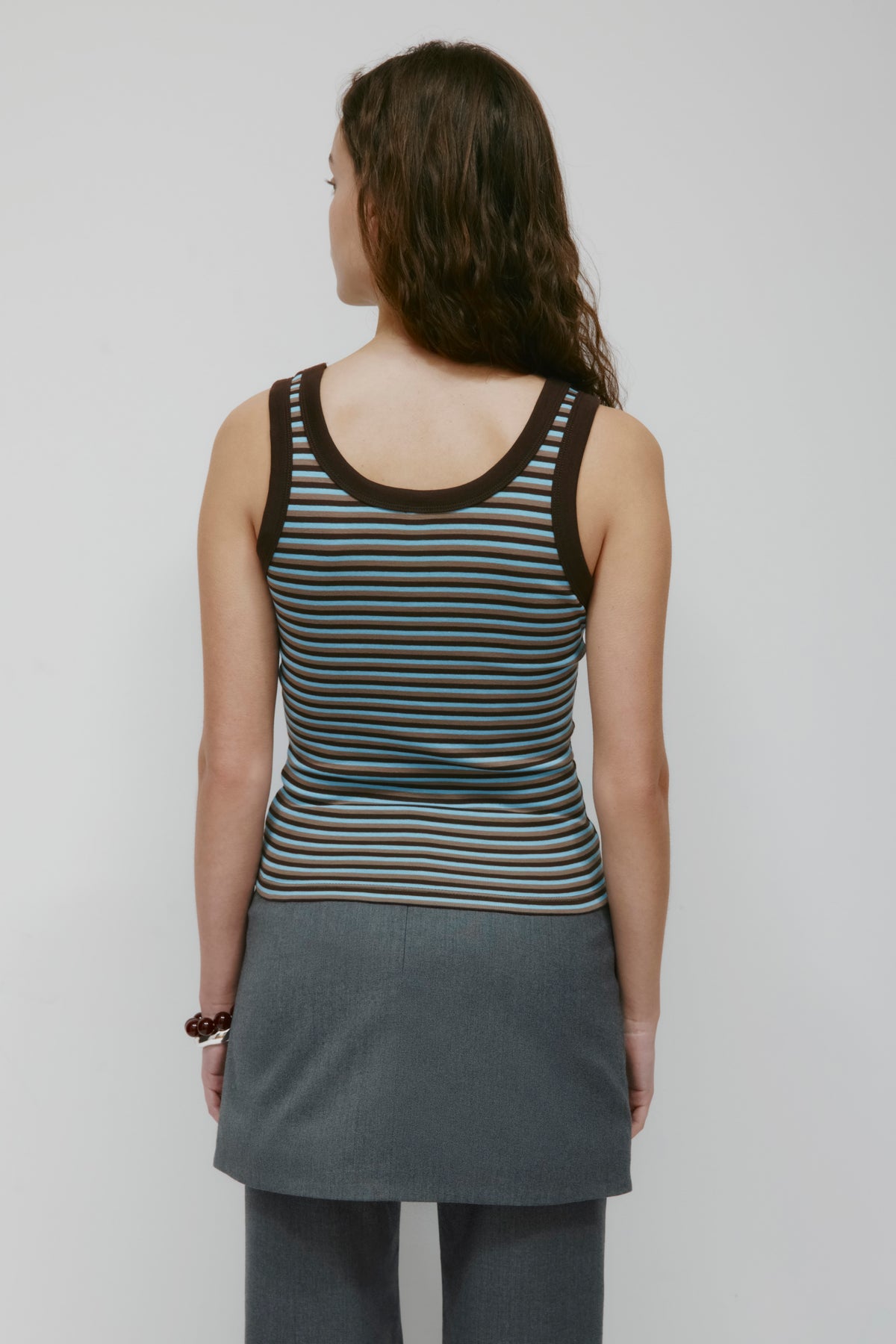 Débardeur à encolure dégagée en micro-côtes pour femme en rayures espresso/taupe/azur