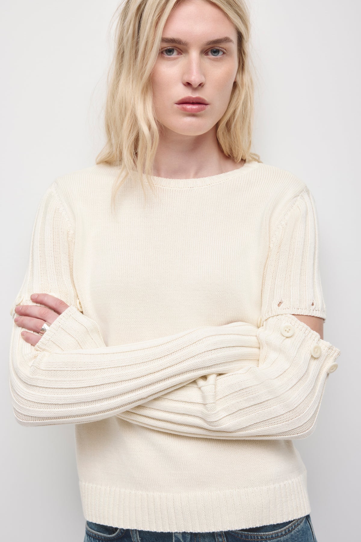 Women's Modular Button Sweater in Marshmallow