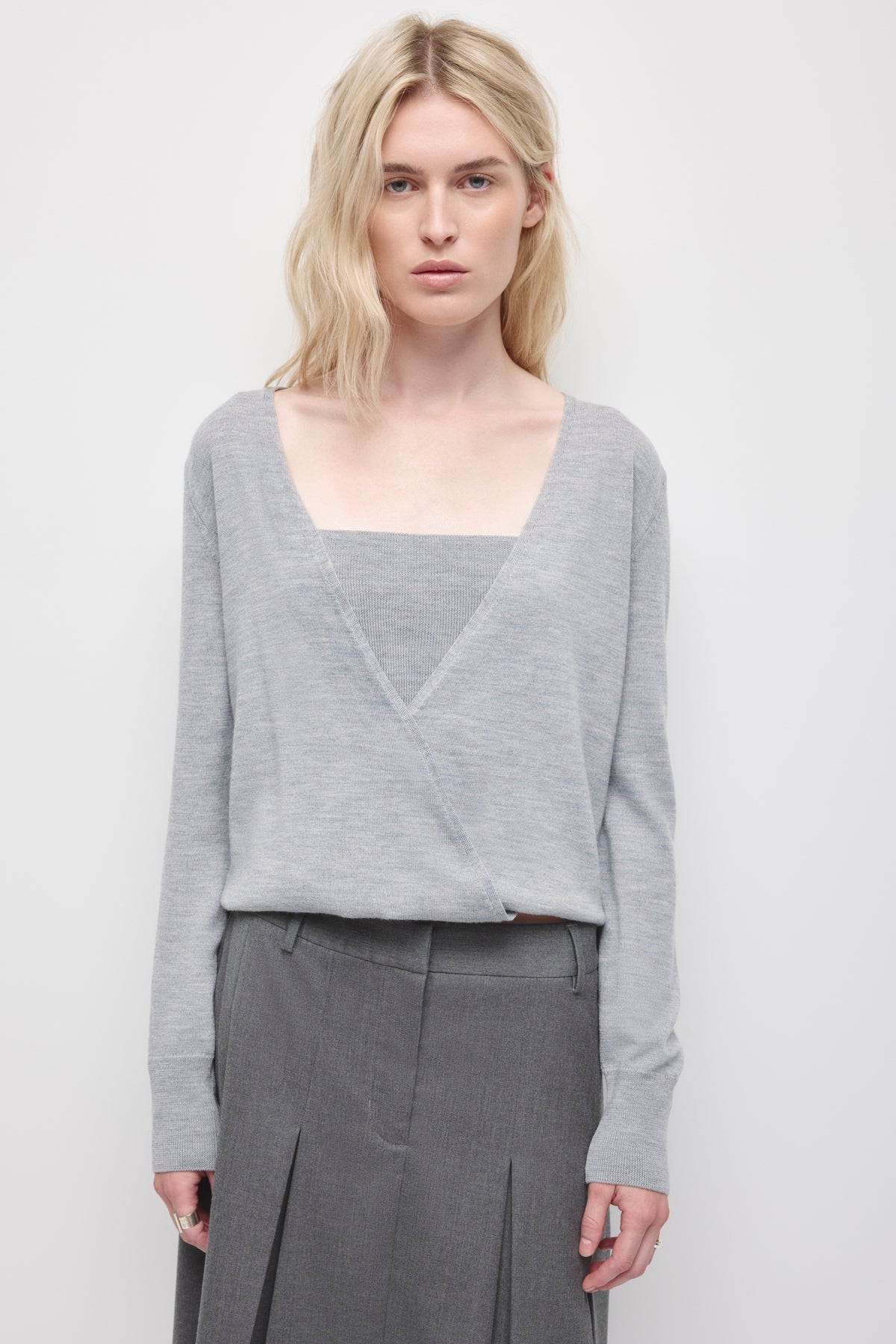 Women's Mona Merino Wrap Sweater in Light Grey Melange