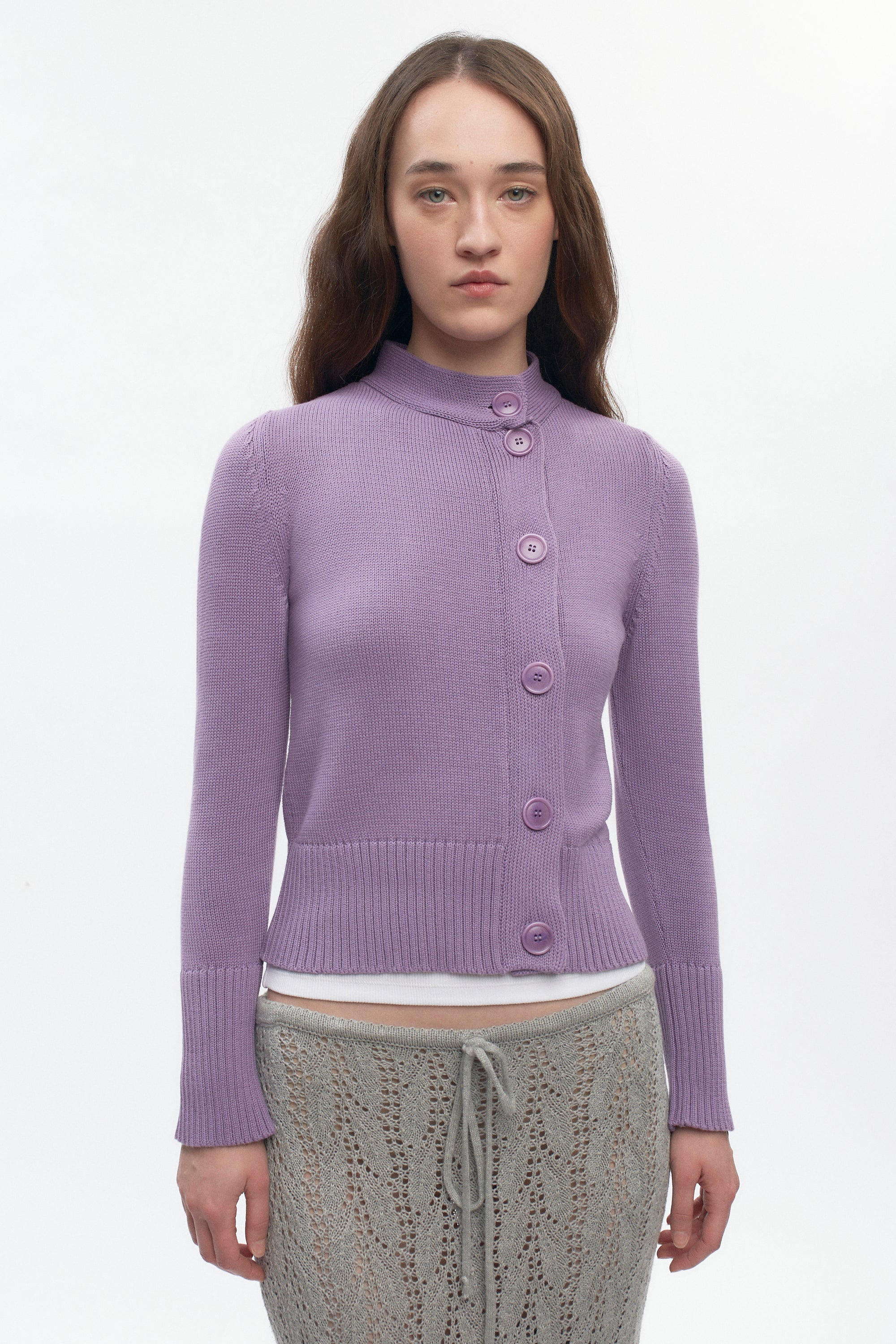 Women's Asymmetric Button Cardigan in Mauve