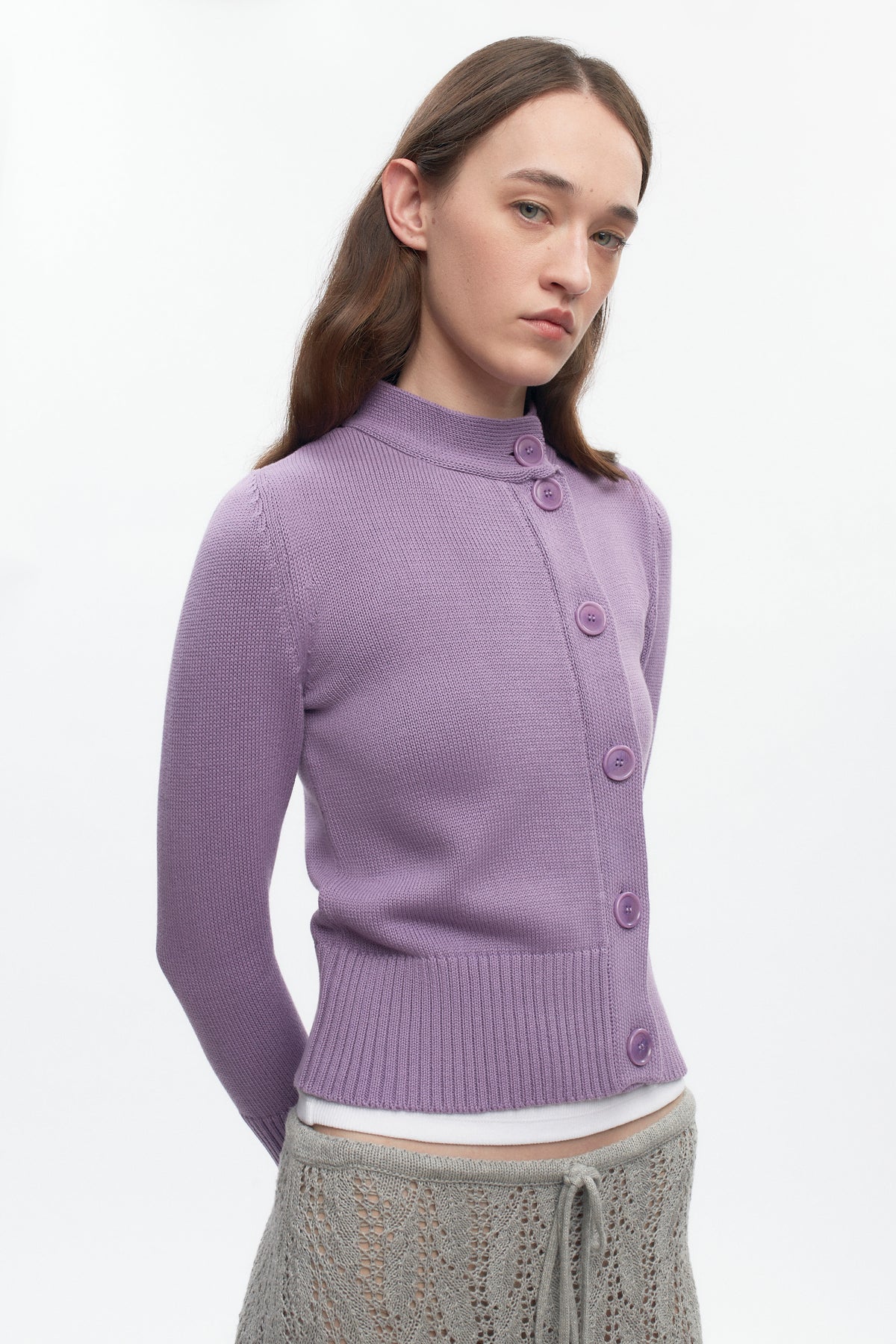 Cardigan asymétrique à boutons pour femme en mauve