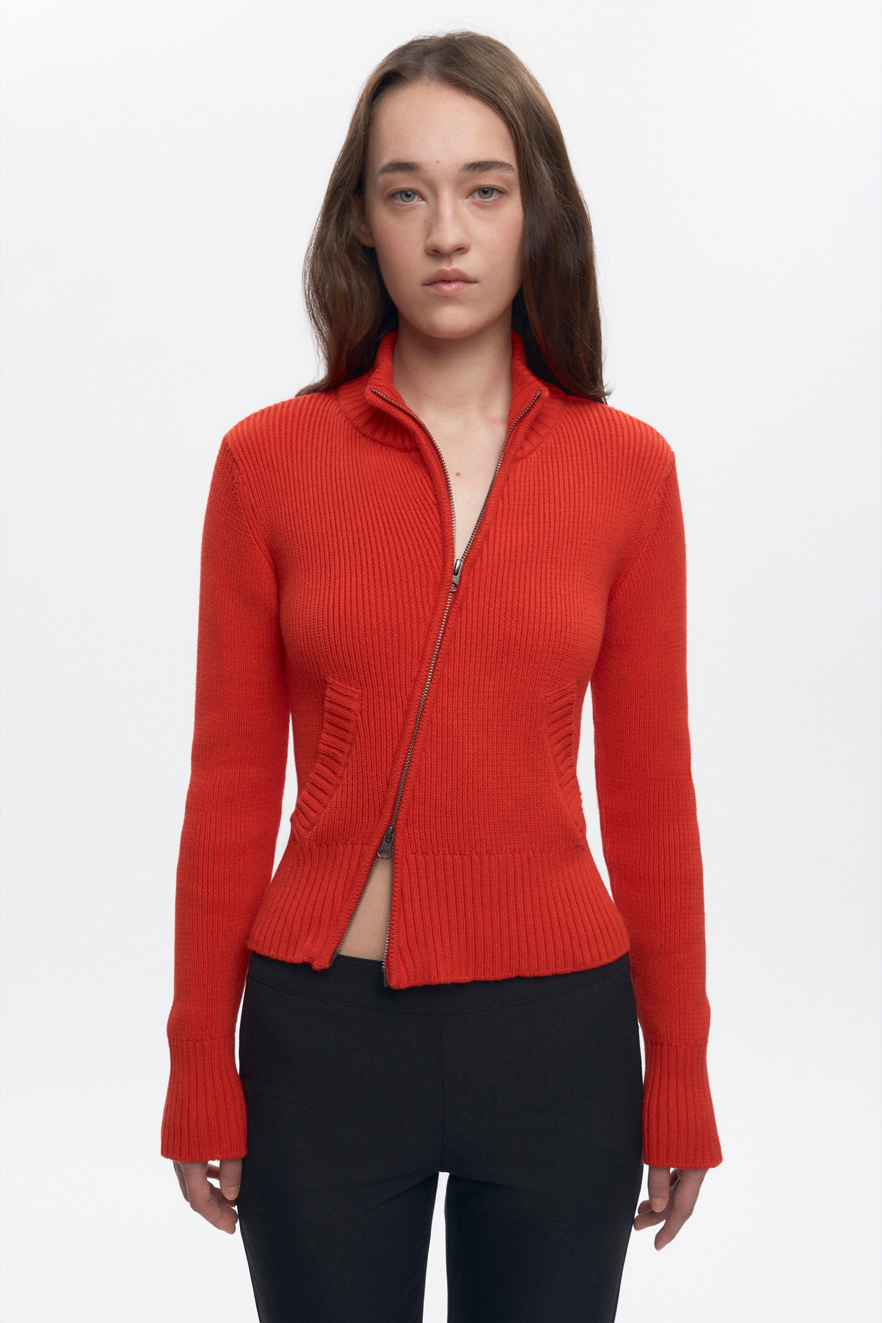 Pull asymétrique à fermeture éclair pour femme en rouge vif