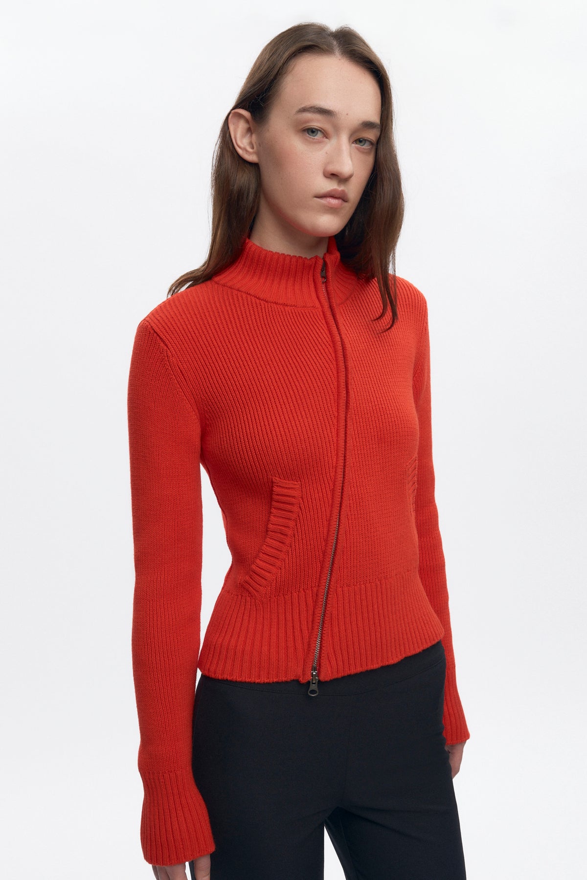 Pull asymétrique à fermeture éclair pour femme en rouge vif