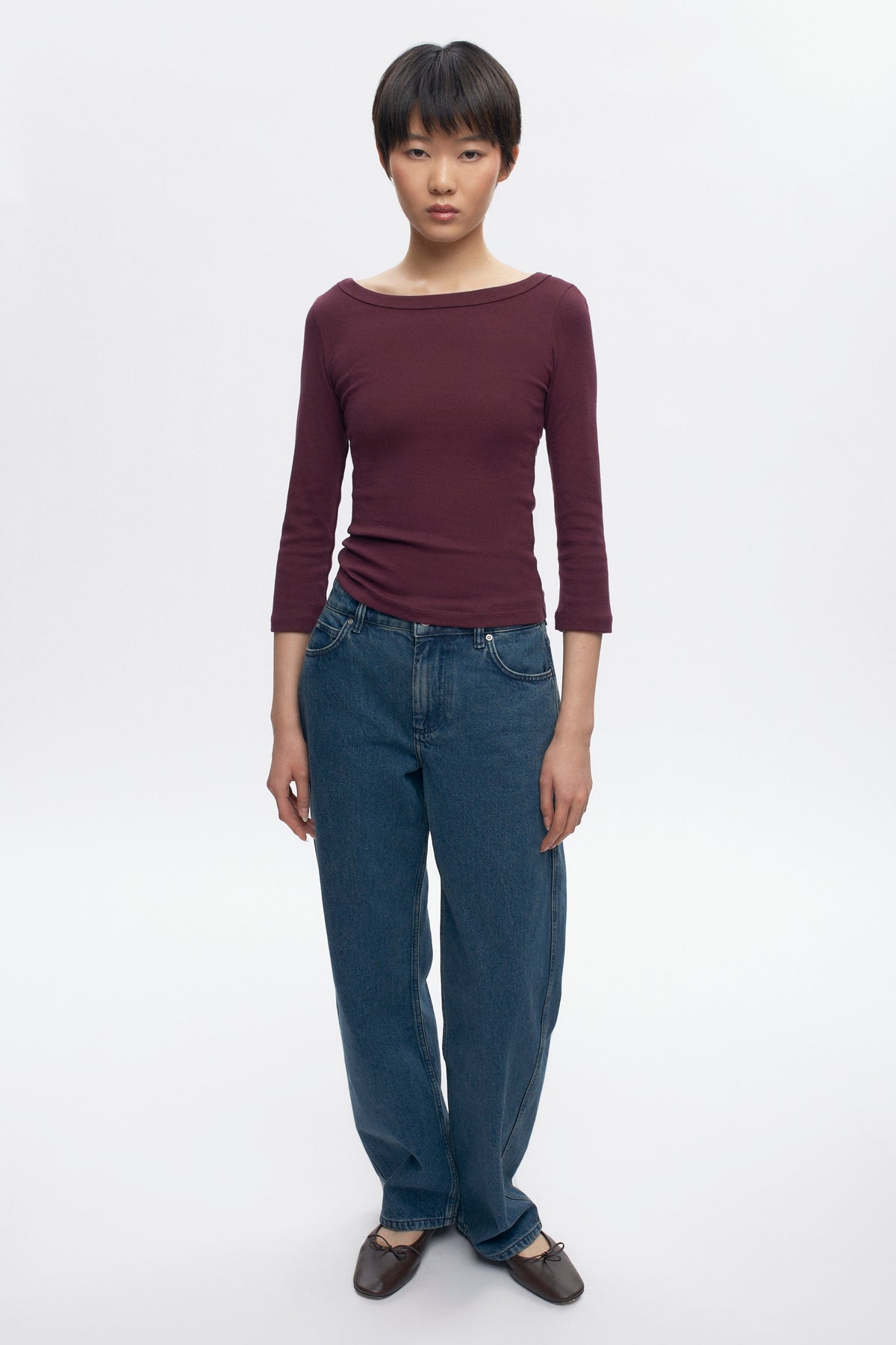 Haut à encolure bateau et manches 3/4 pour femme en prune