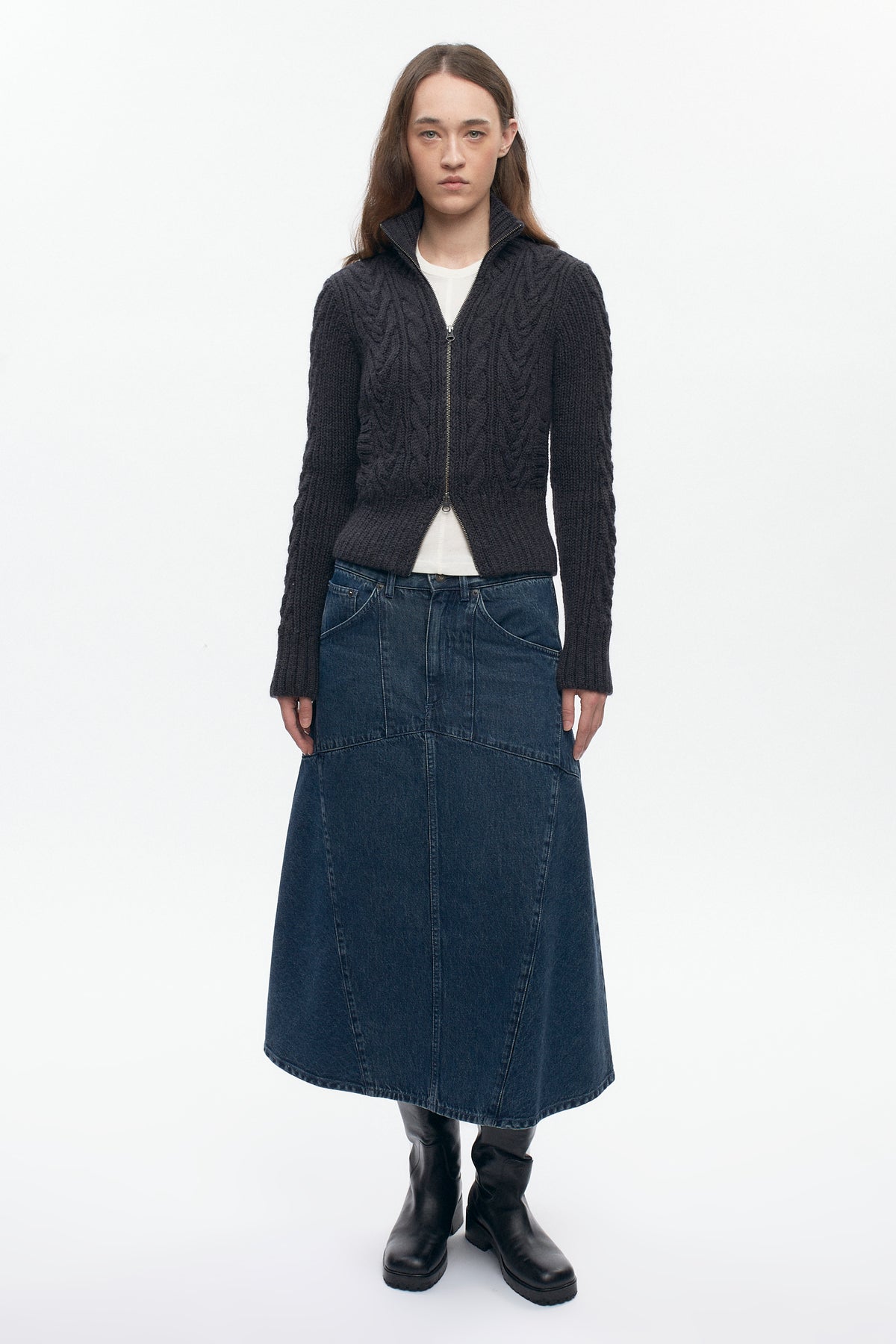 Pull à fermeture éclair et torsades pour femme en anthracite foncé