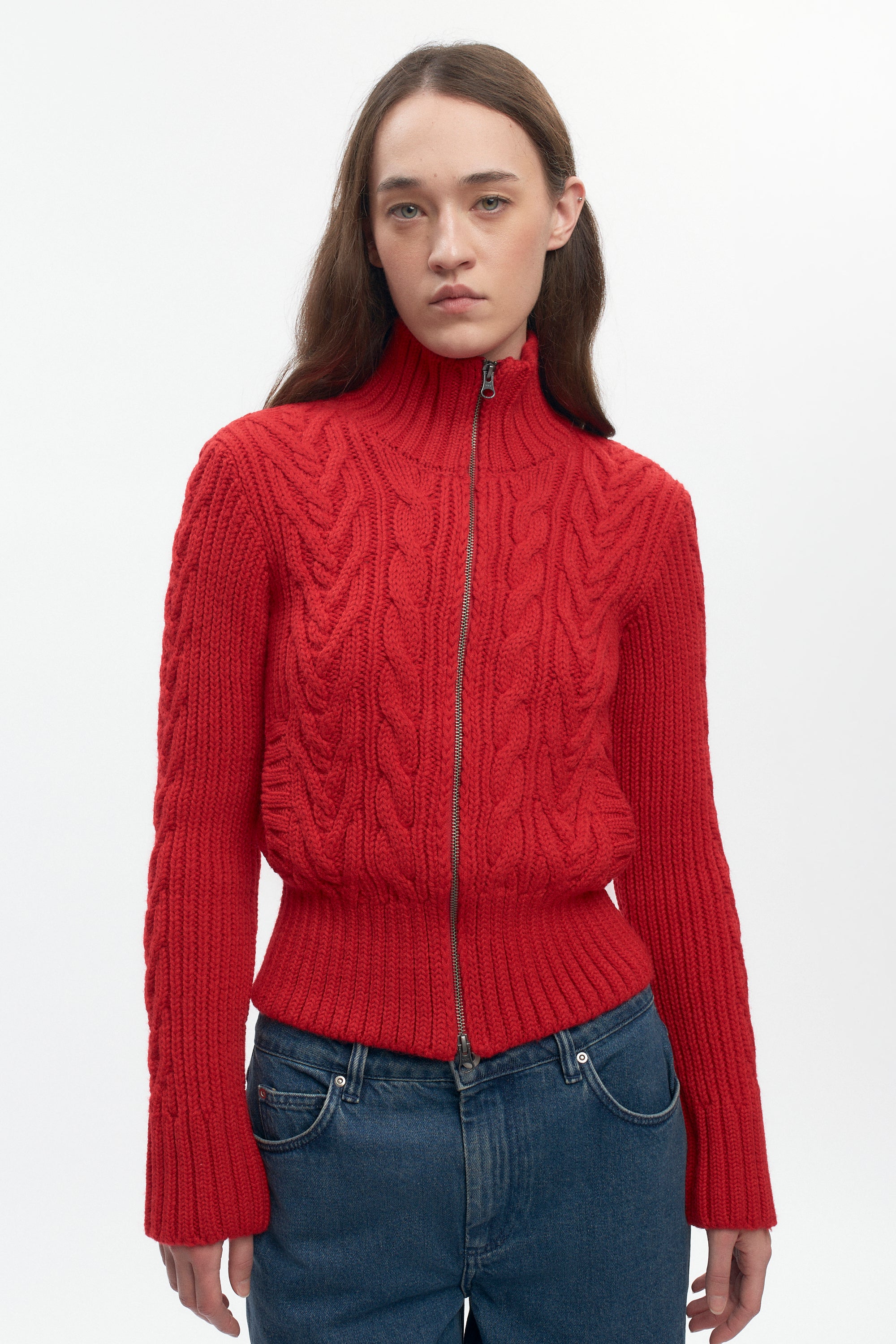 Pull à fermeture éclair et torsades pour femme en rouge vif
