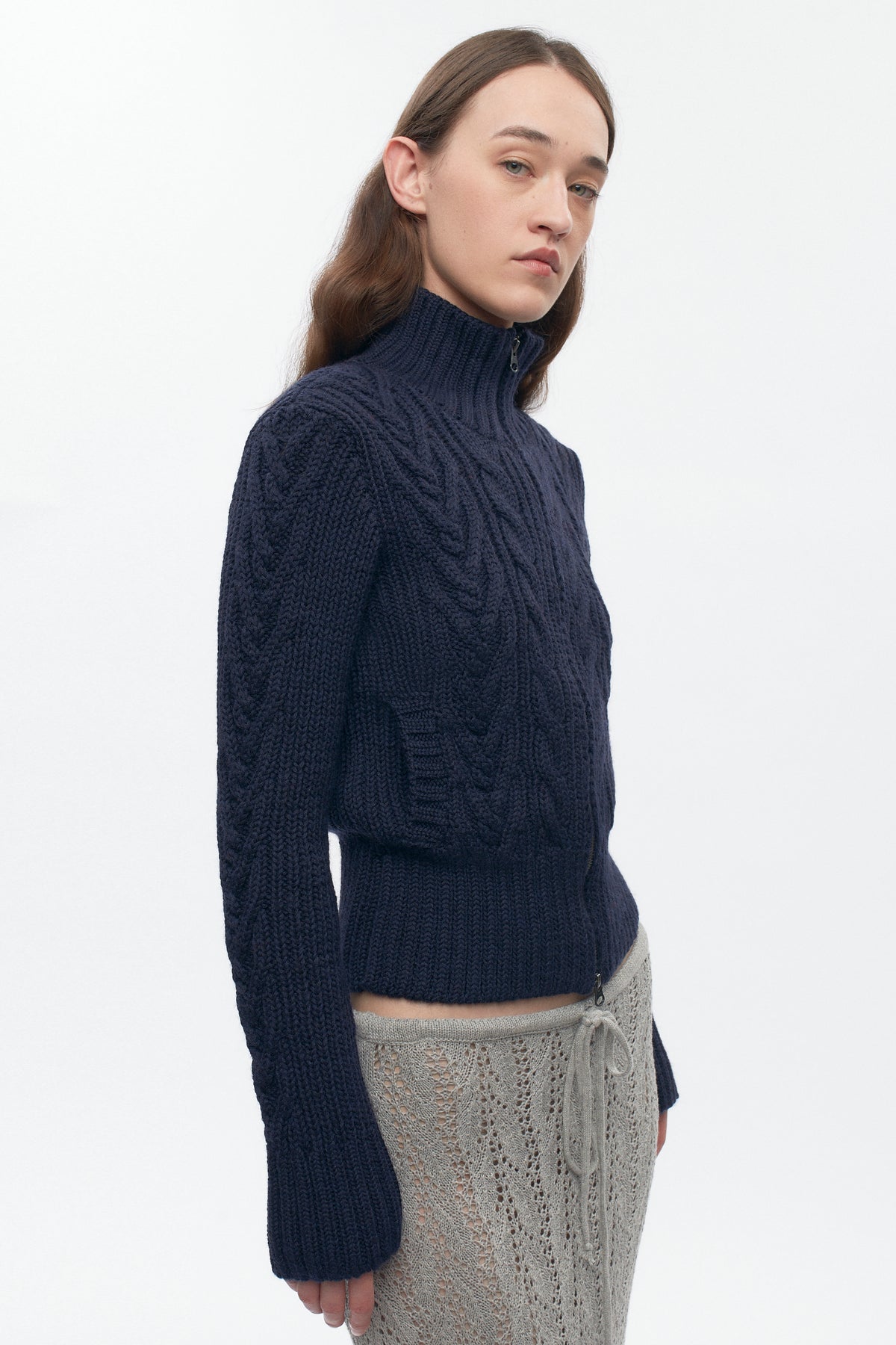 Women's Cable Zip Sweater in Midnight