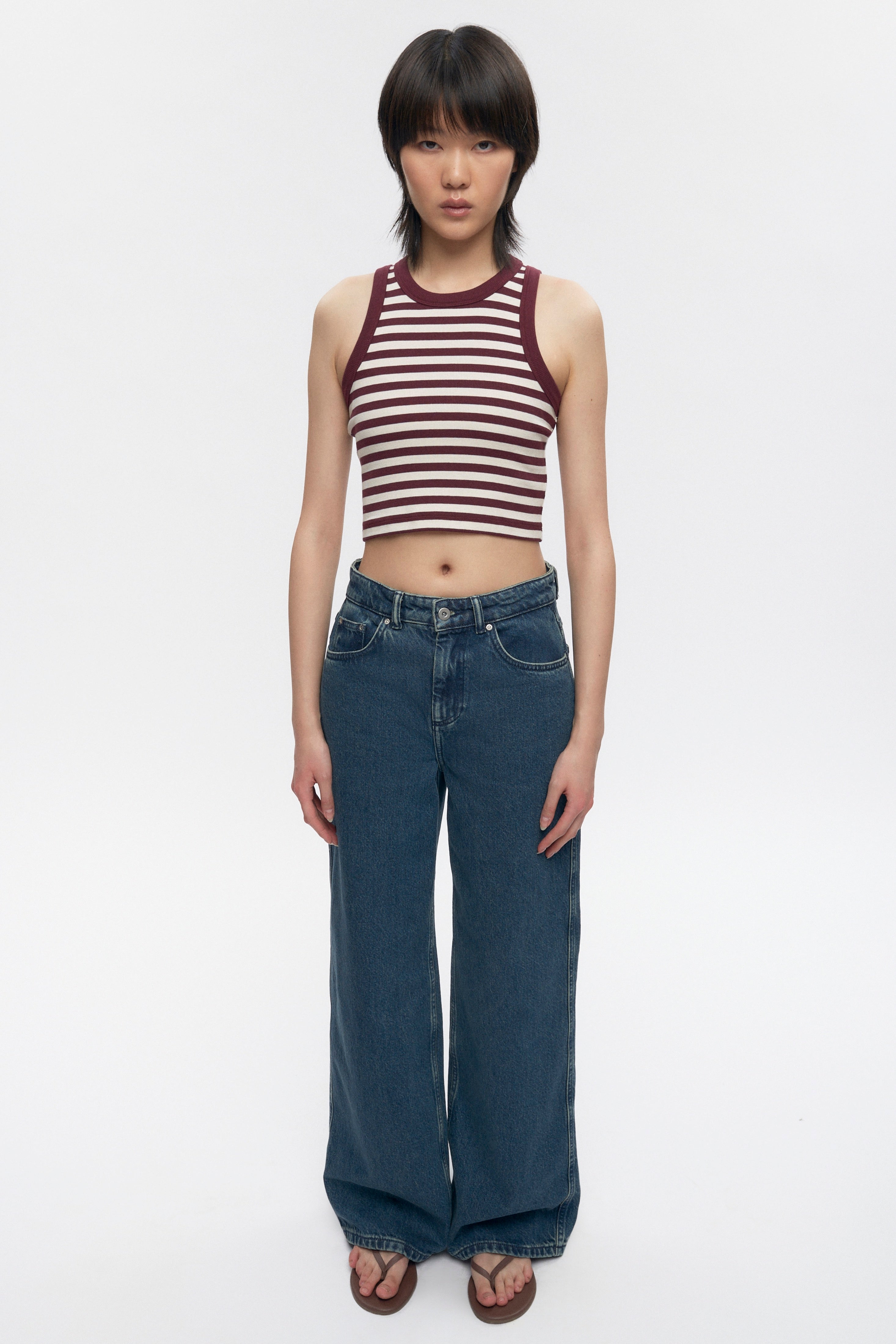 Camisole courte à dos nageur pour femme à rayures prune/guimauve