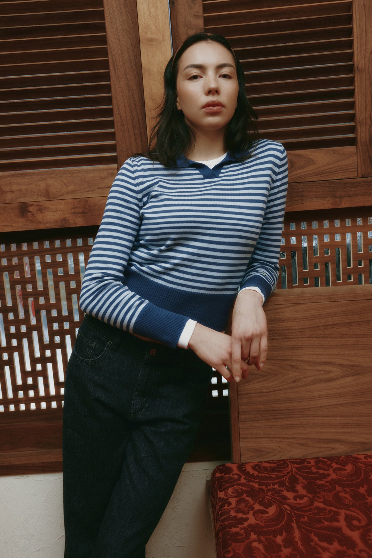 Pull polo universitaire pour femme en rayures aura bleue/indigo foncé