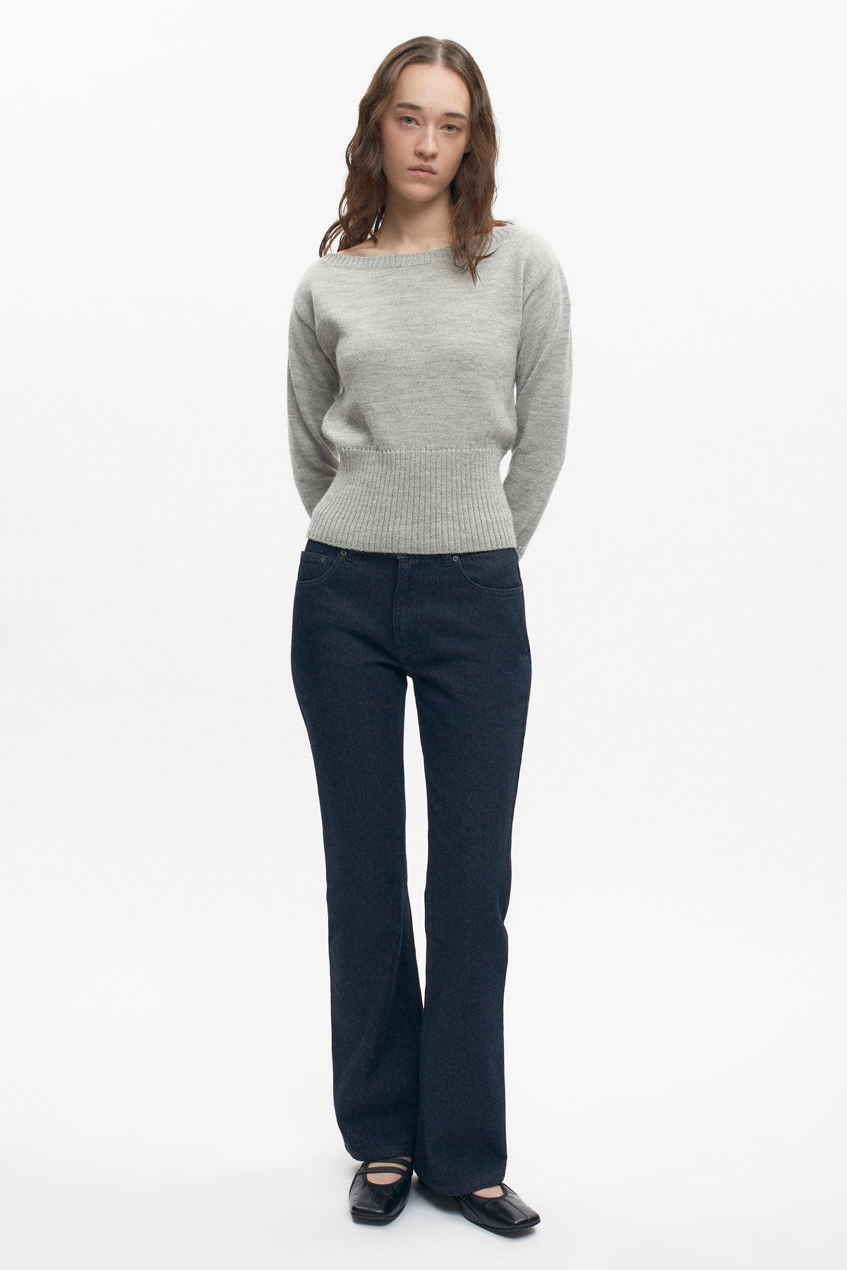 Pull à col bateau en laine mérinos pour femme en gris chiné