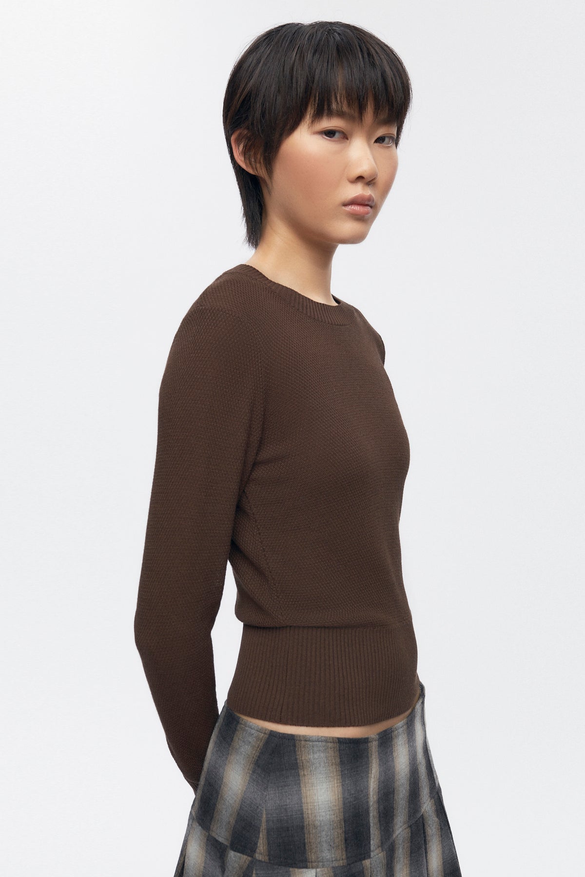 T-shirt à manches longues en maille côtelée pour femmes en cocoa