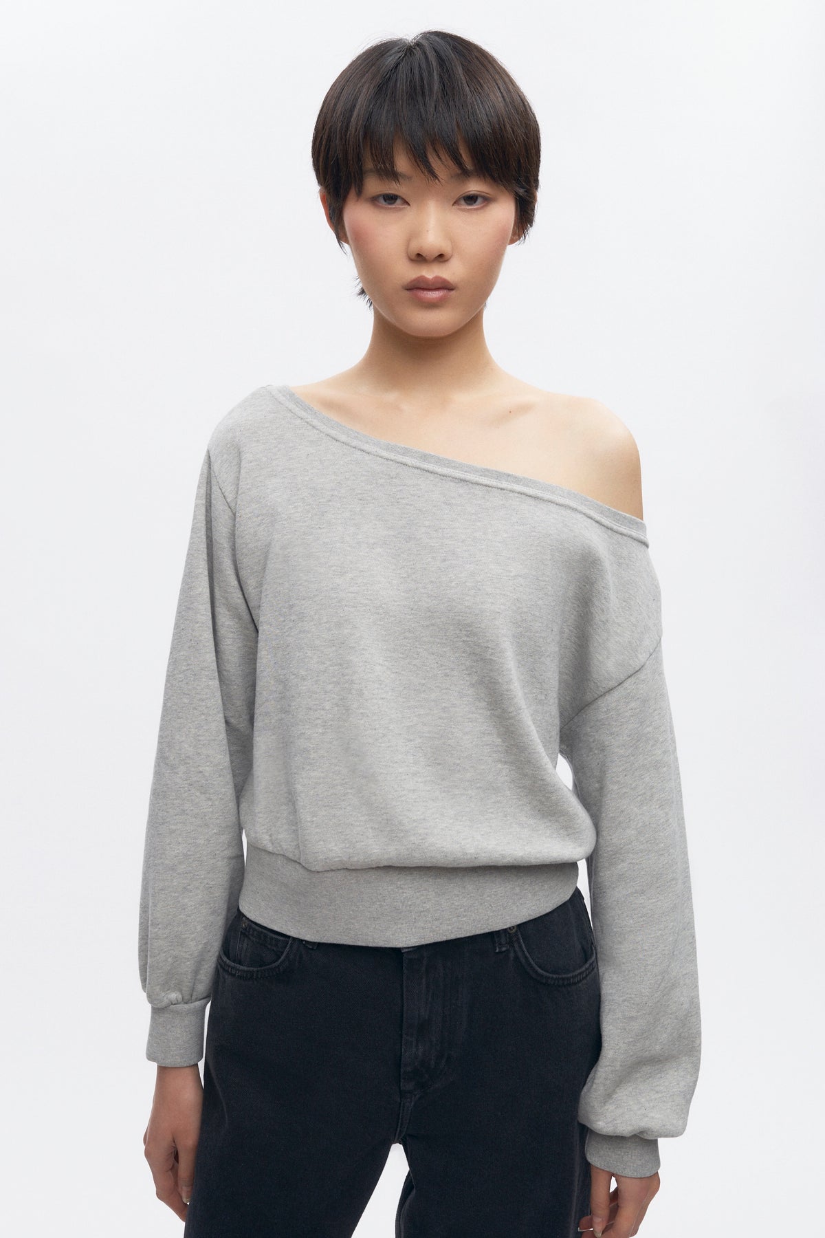 Sweat-shirt à épaules dénudées pour femme en gris chiné