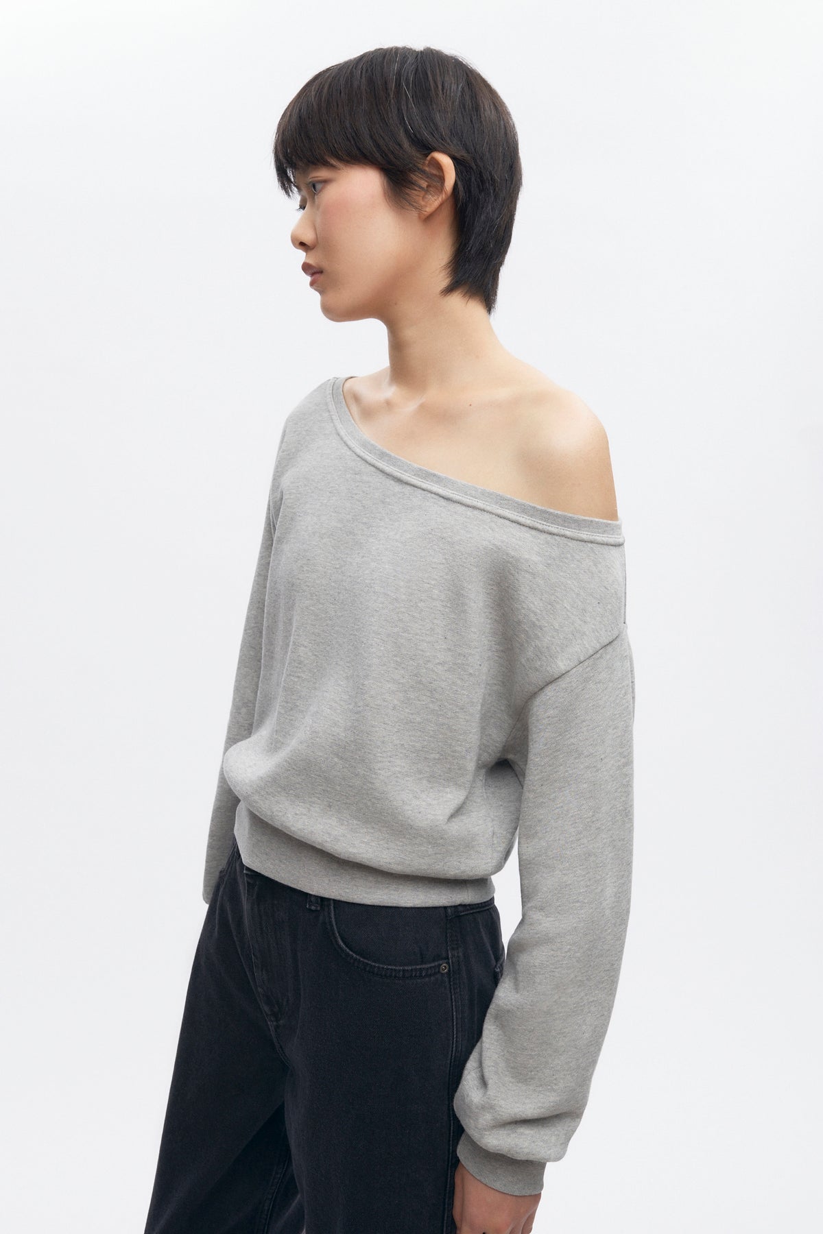 Sweat-shirt à épaules dénudées pour femme en gris chiné