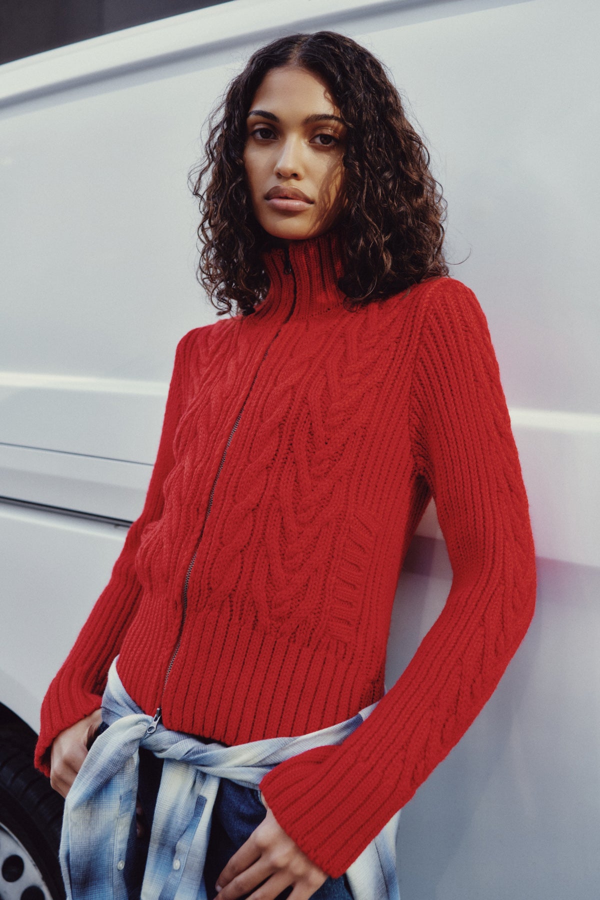 Women's Cable Zip Sweater in Fiery Red