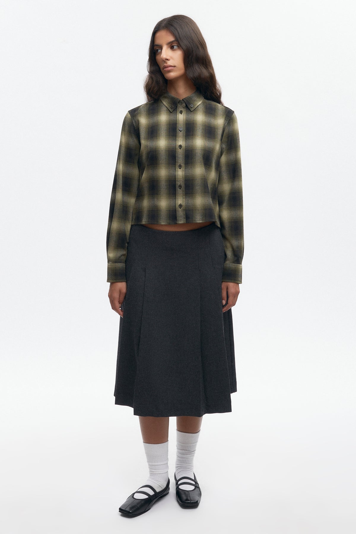 Chemise femme en flanelle de laine en carreaux olive