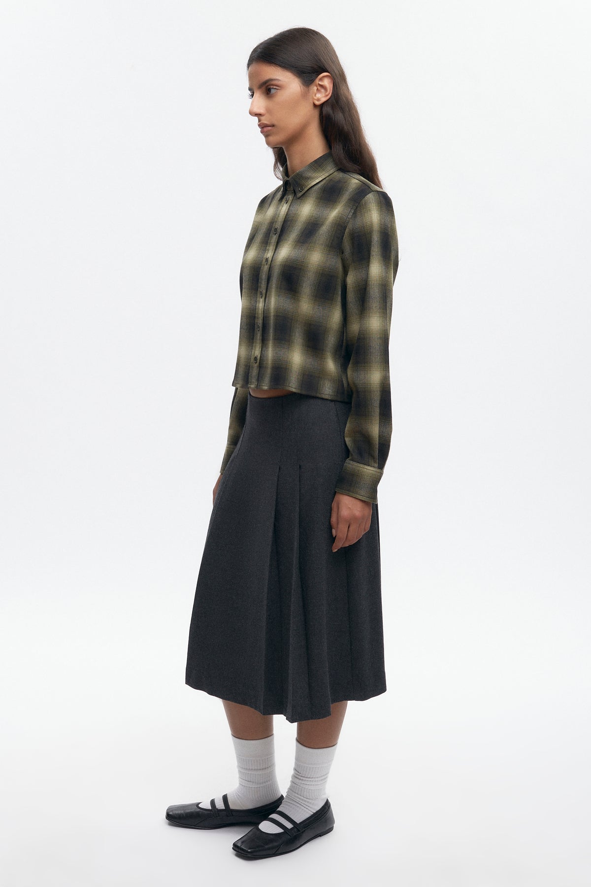 Chemise femme en flanelle de laine en carreaux olive